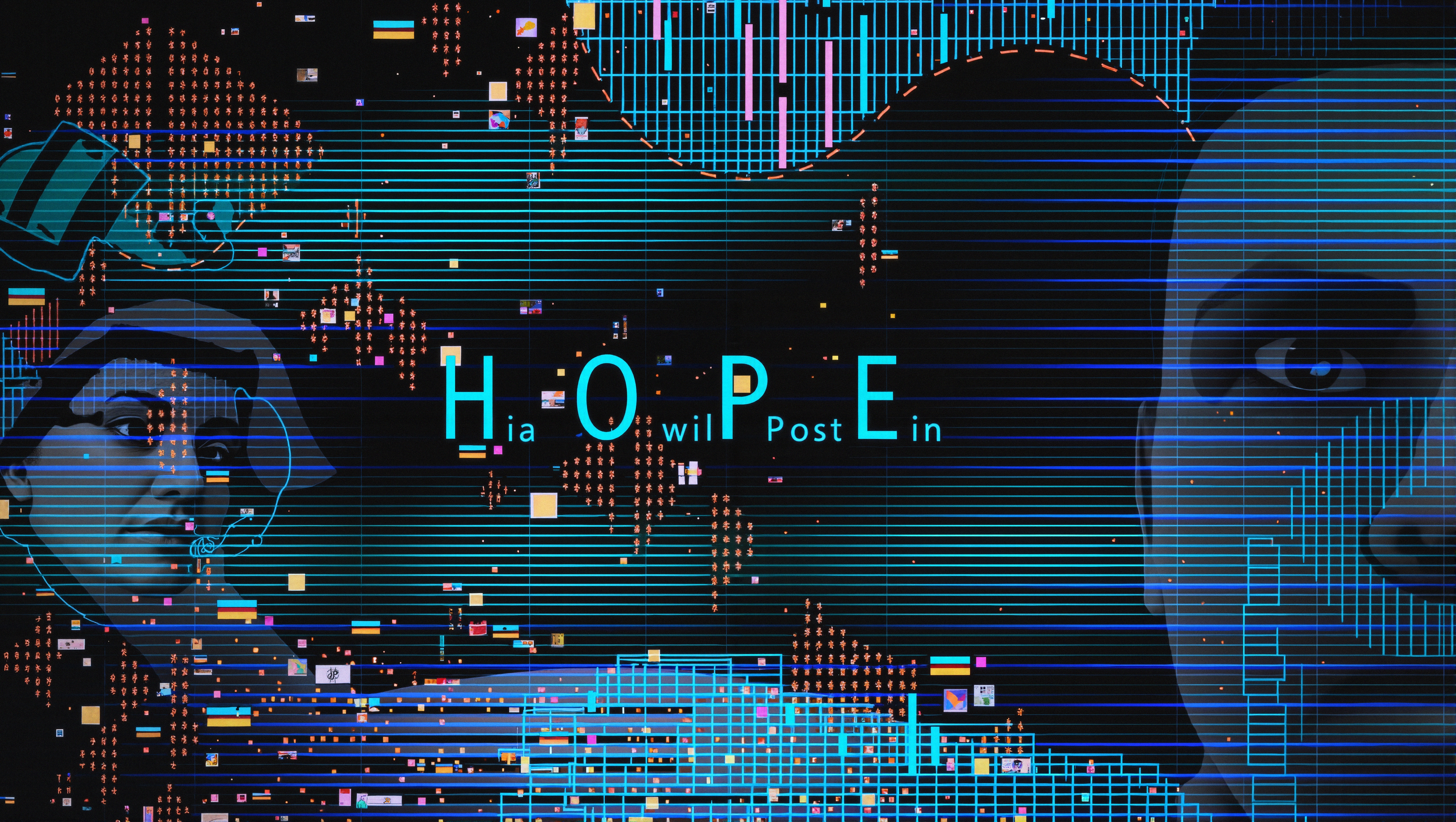 Abstract digital artwork featuring integrated faces with blue grids and futuristic elements centered around the theme of hope and technology.
