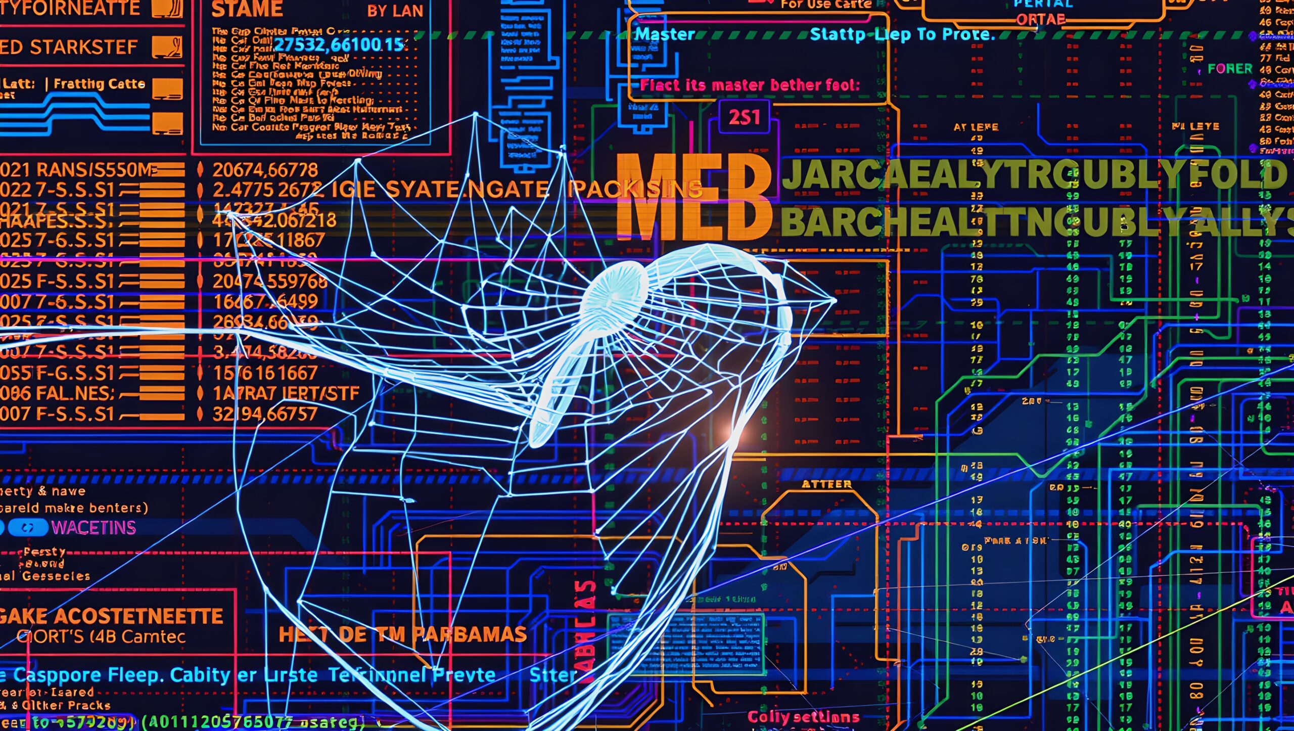 Intricate digital interface with vibrant interconnected lines and text.