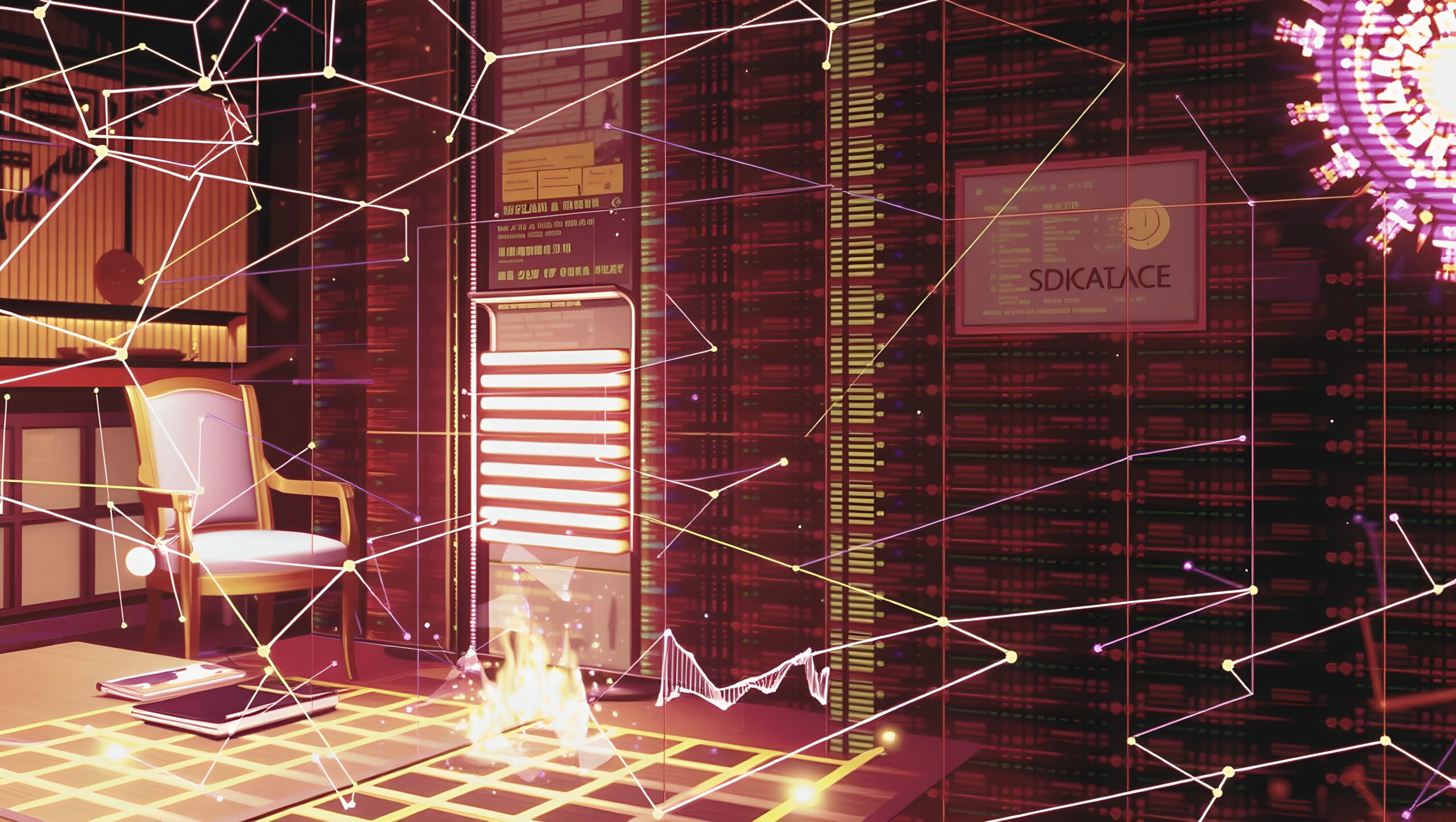 A futuristic room with interconnected digital networks and glowing servers conveying an advanced technological environment.
