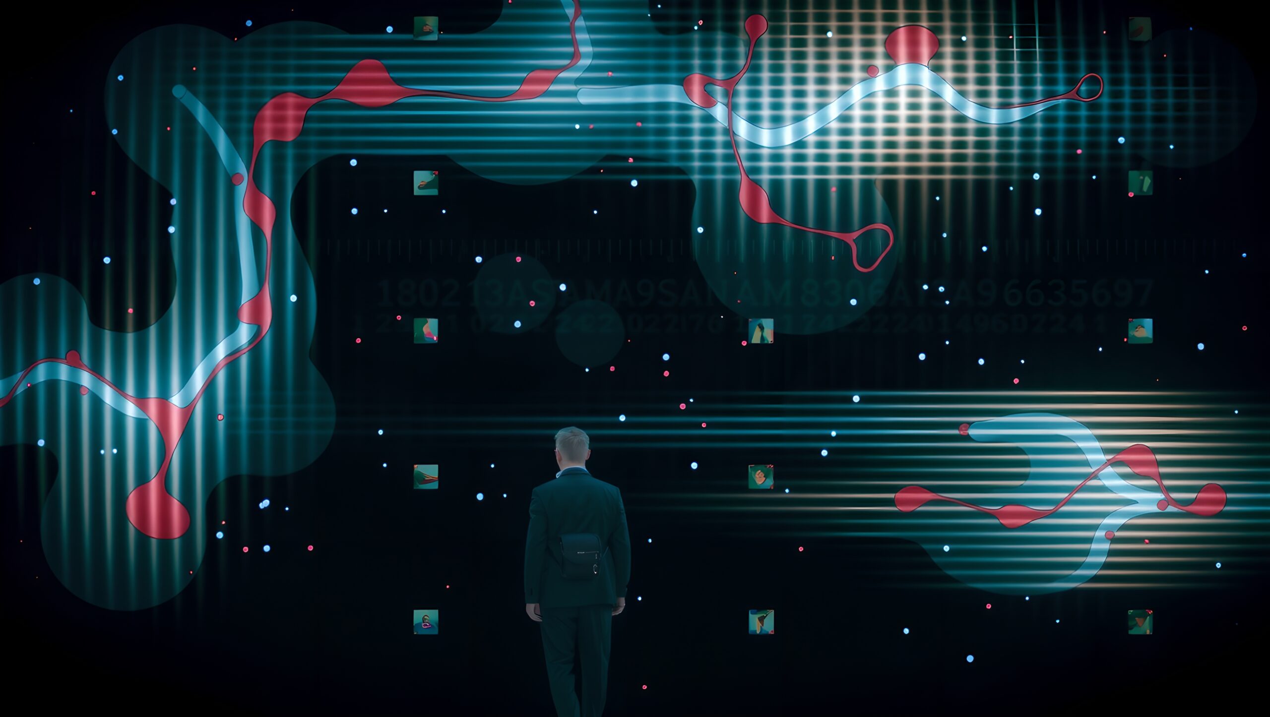 A person in a suit explores a digital, abstract world filled with shapes and light.