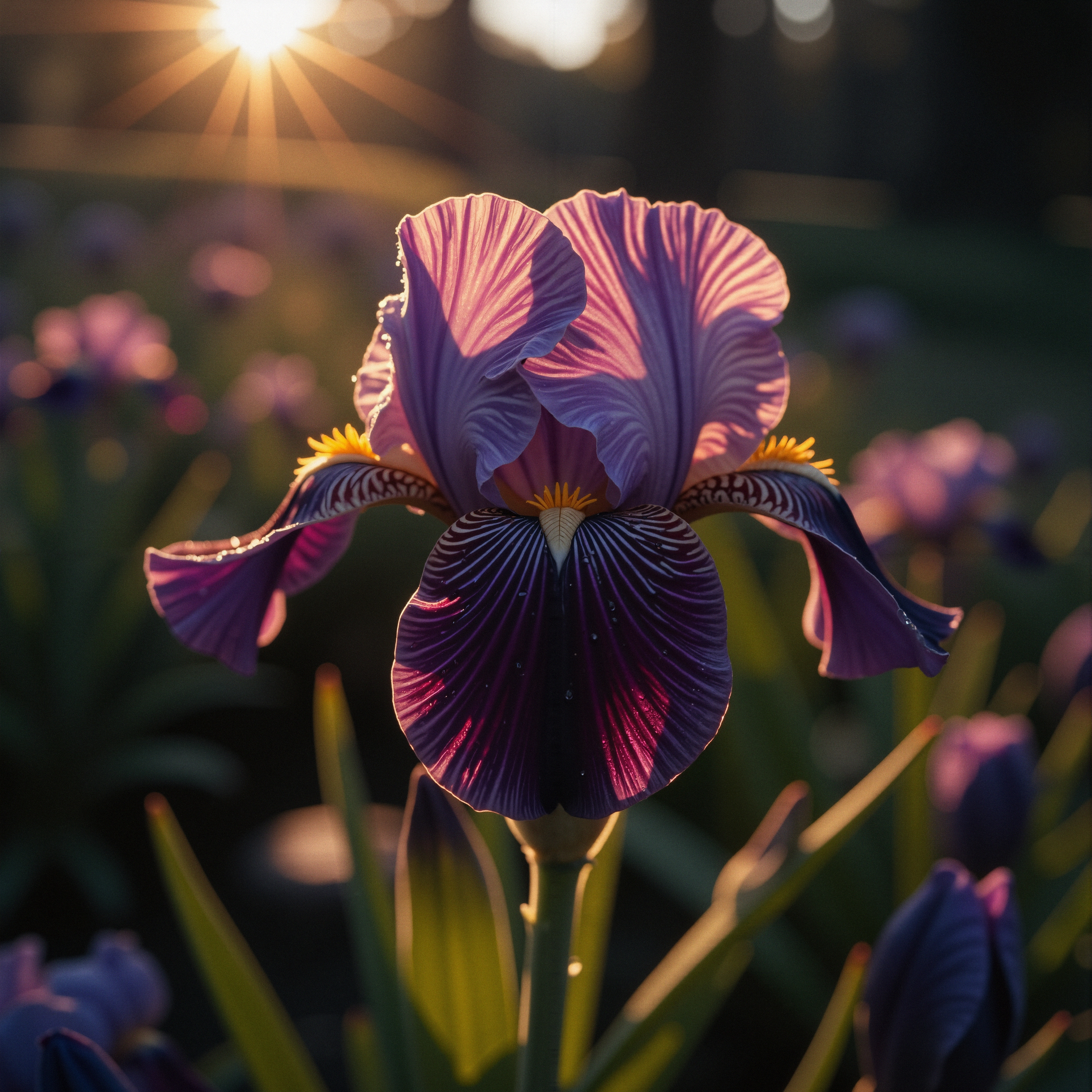 Vivid purple iris flower backlit by morning sun.