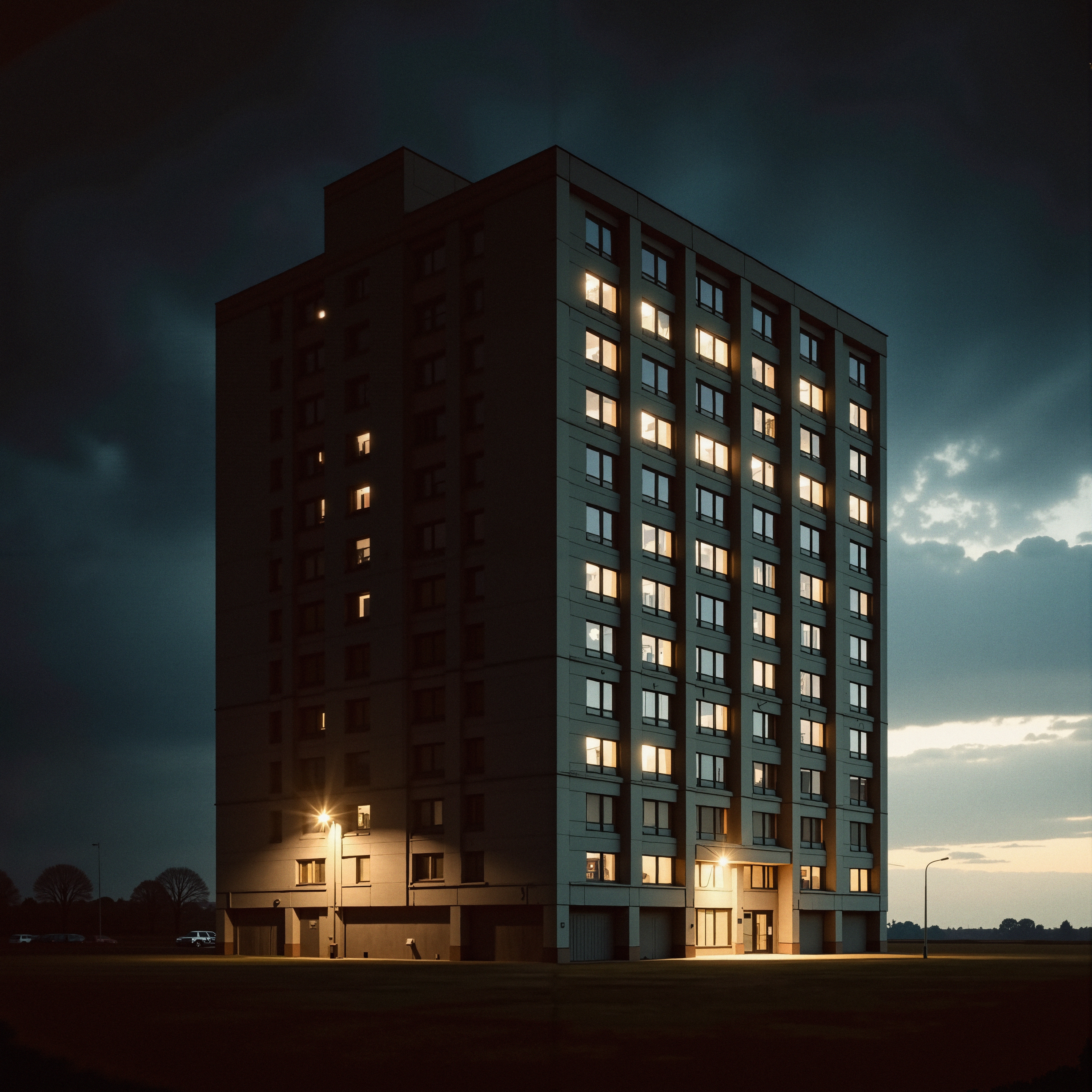 Illuminated apartment building at dusk