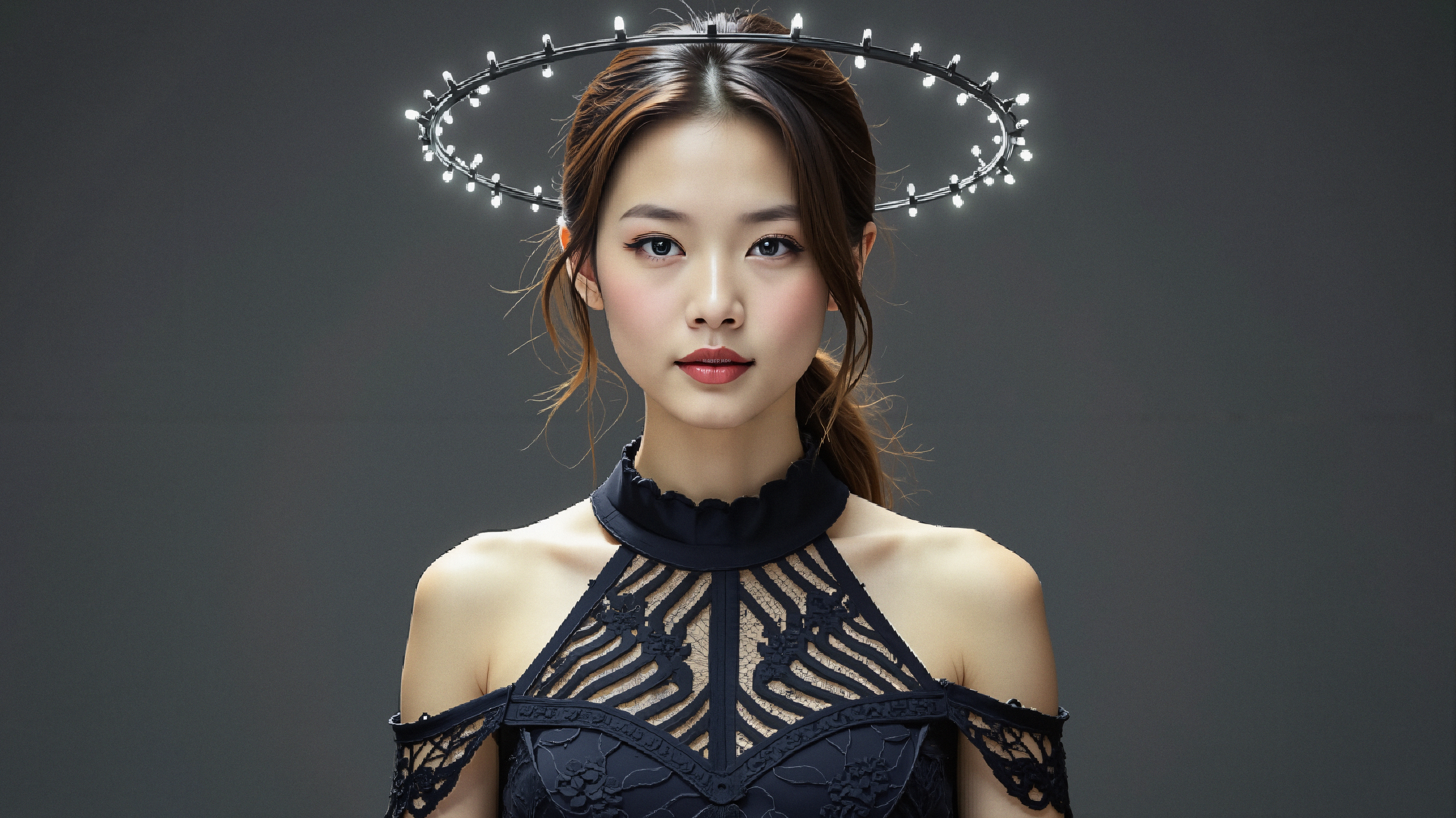 A young woman in a dark lace dress with a glowing halo headpiece against a dark background.