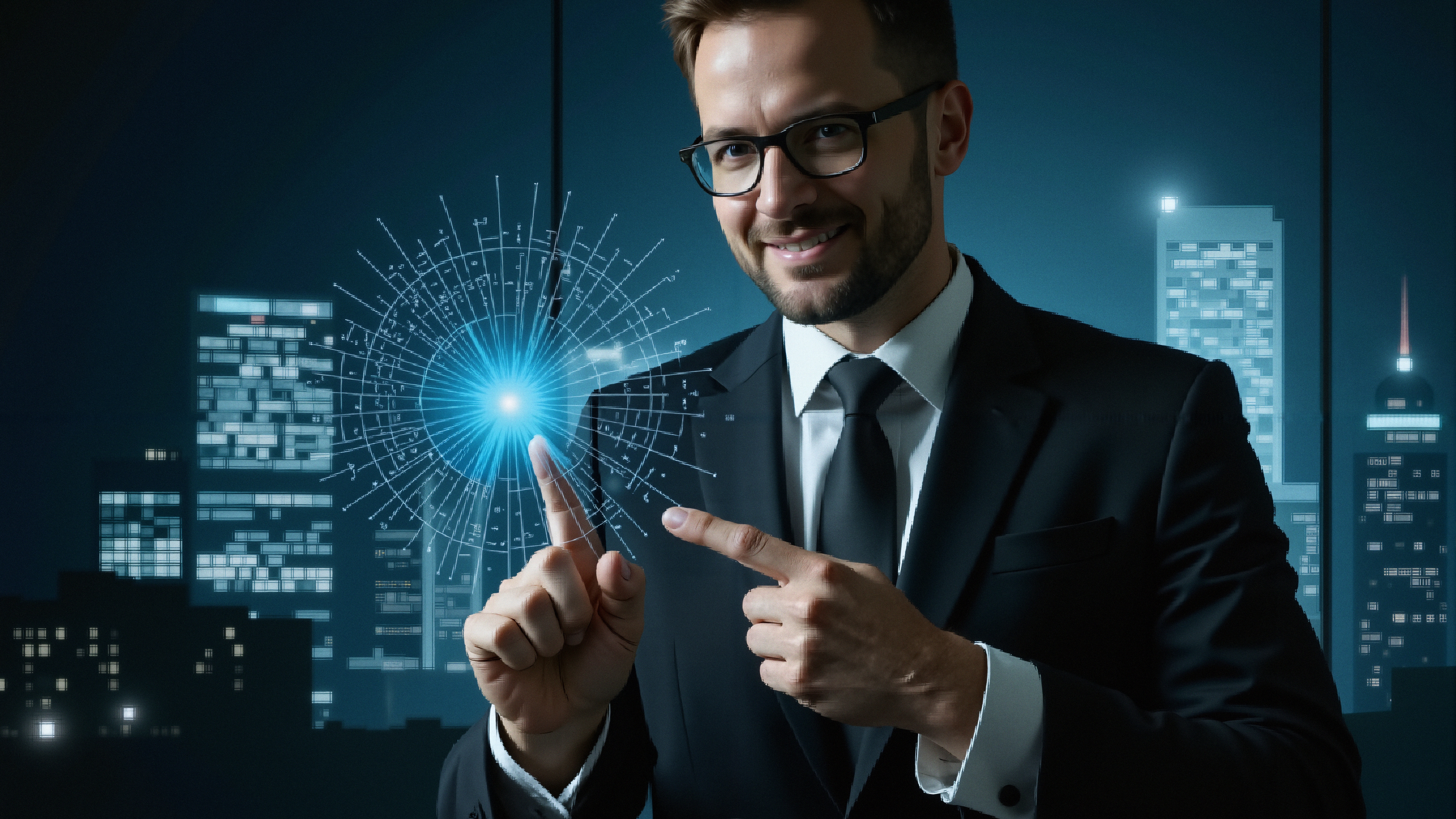Man interacting with futuristic digital interface against city skyline at night.