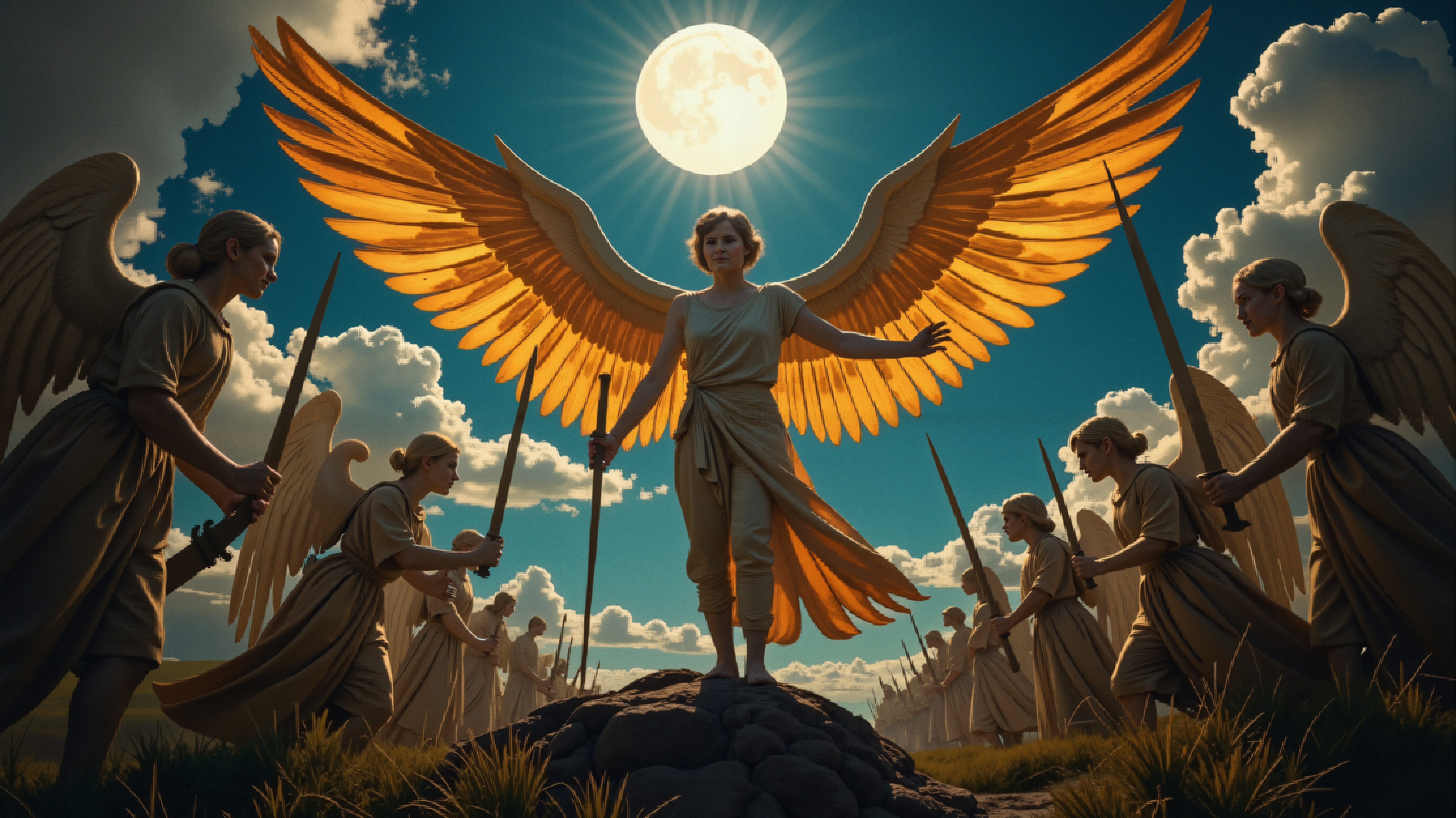 A group of angels with golden wings holding spears in a celestial landscape under a bright sun.