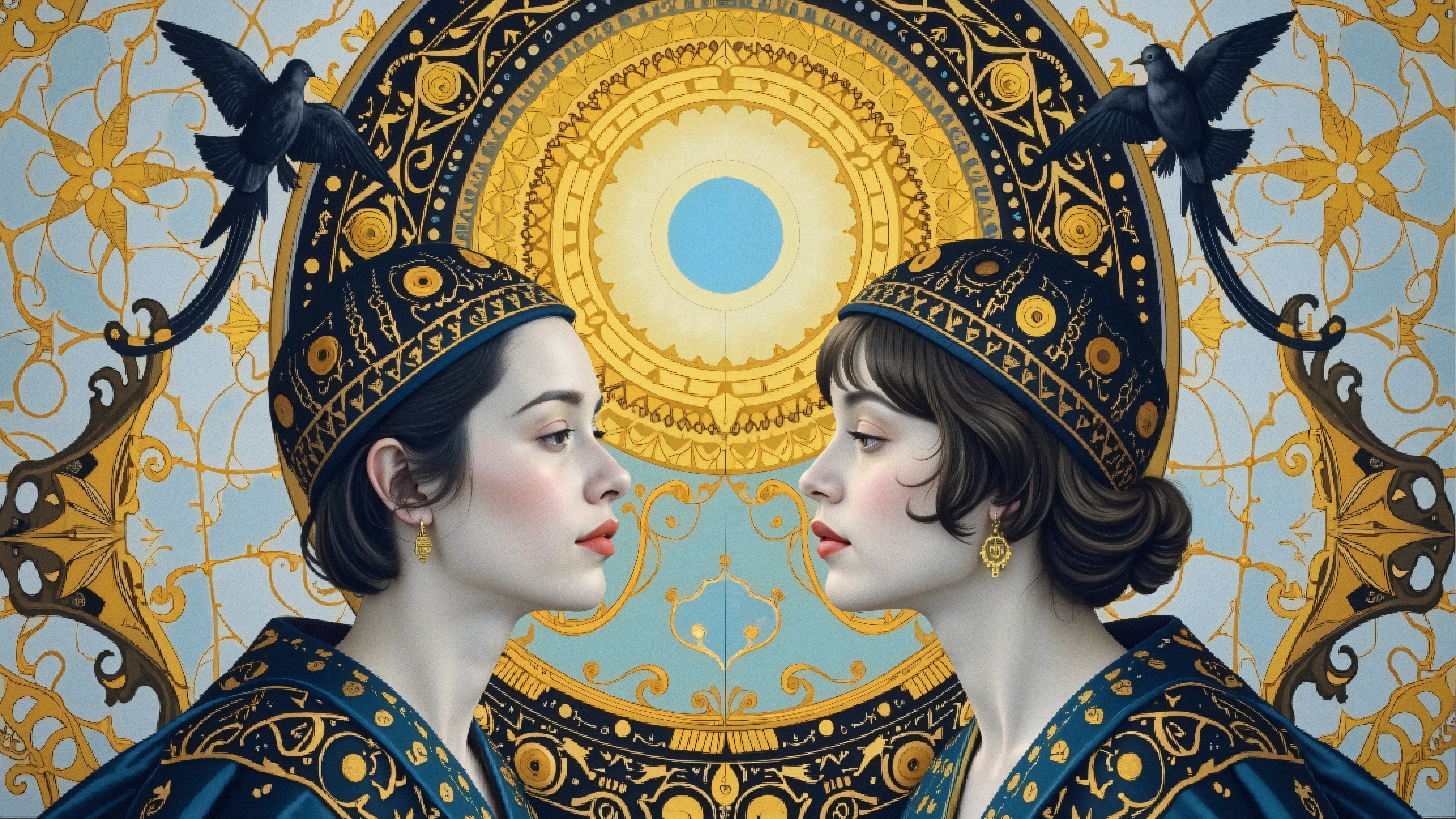Two women in ornate costumes with detailed golden patterns and birds in the background, creating a symmetrical visual.