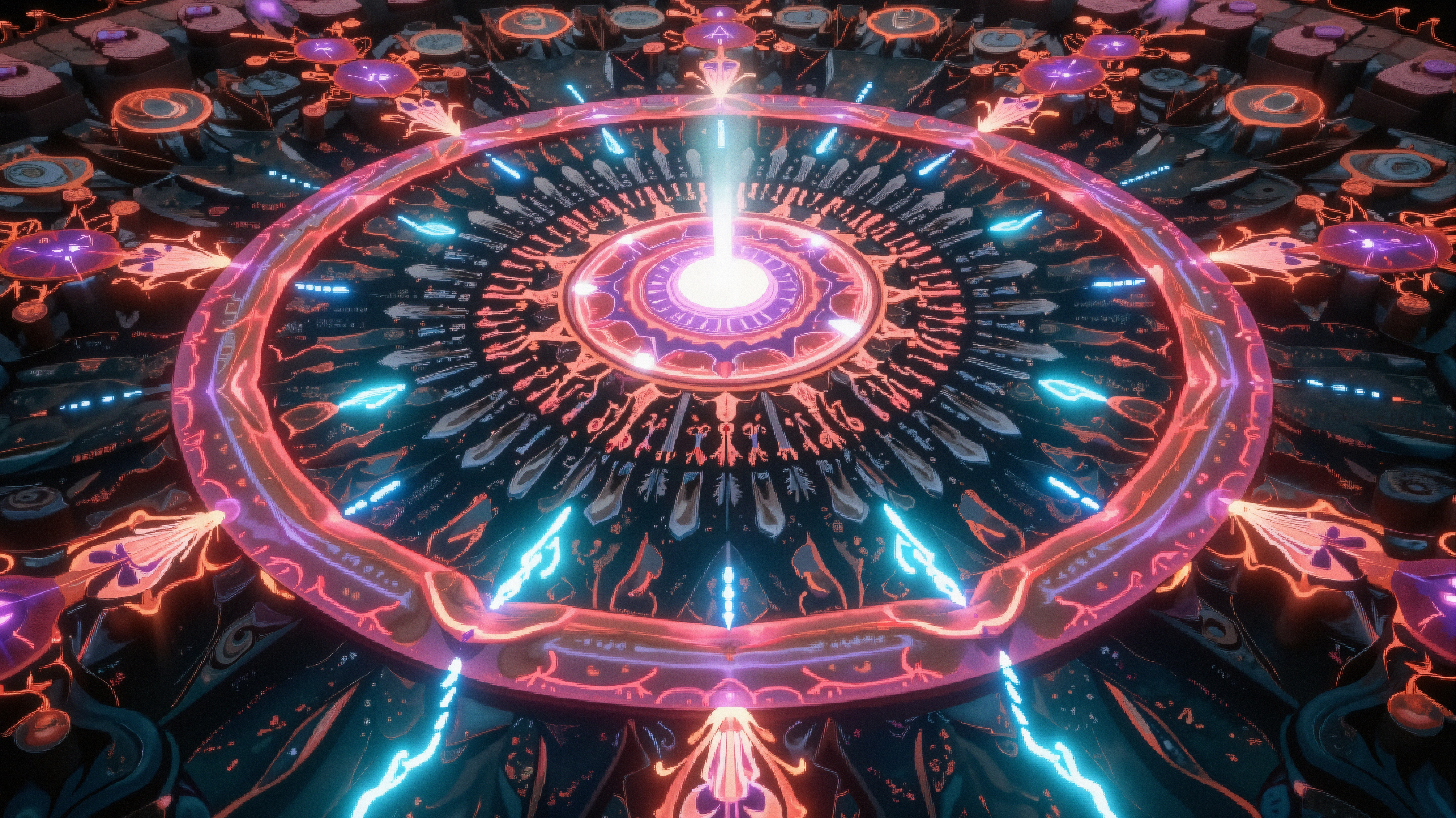 Colorful digital mandala with neon glow.