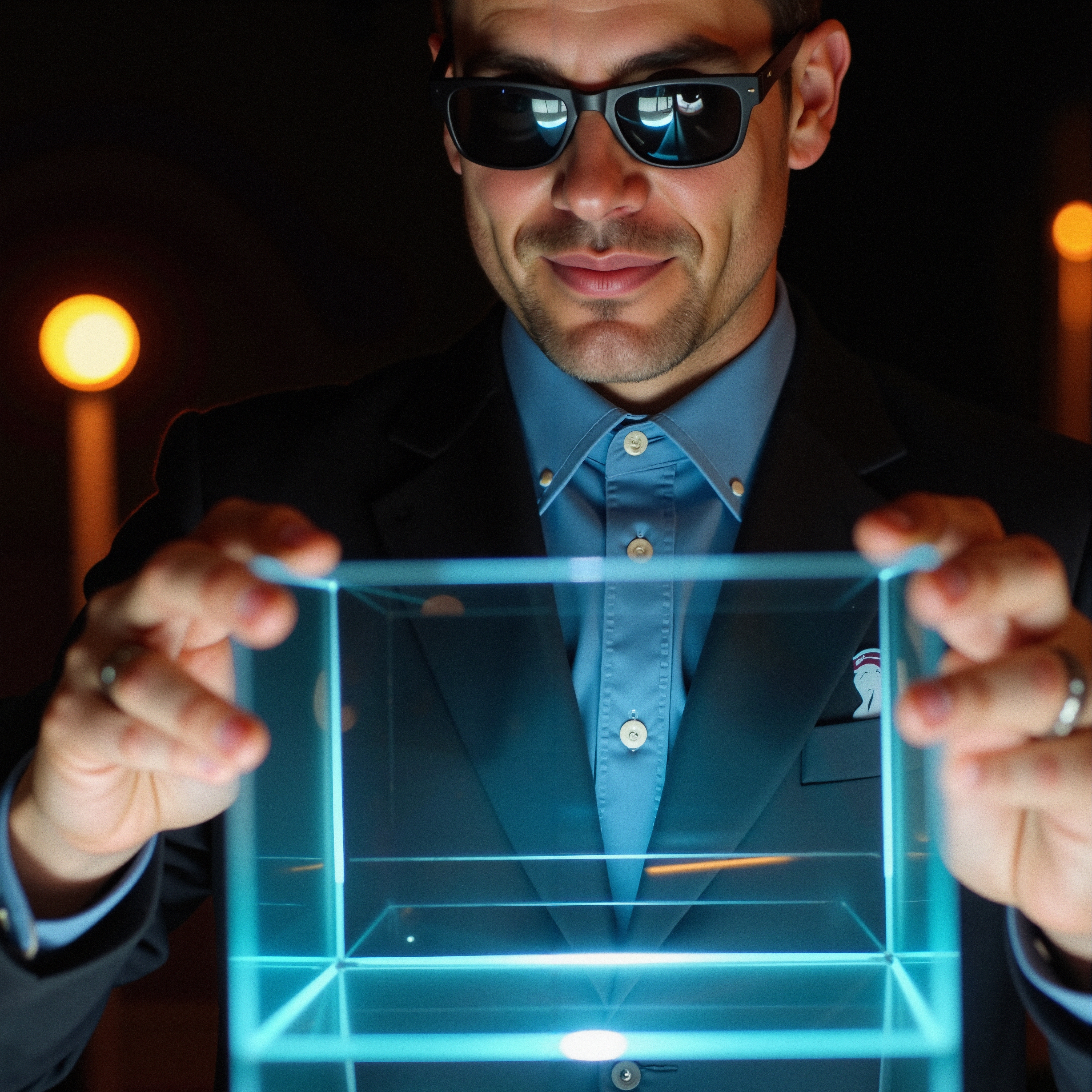 A man in sunglasses holds a glowing blue cube in a dark room, creating a mysterious technological ambiance.