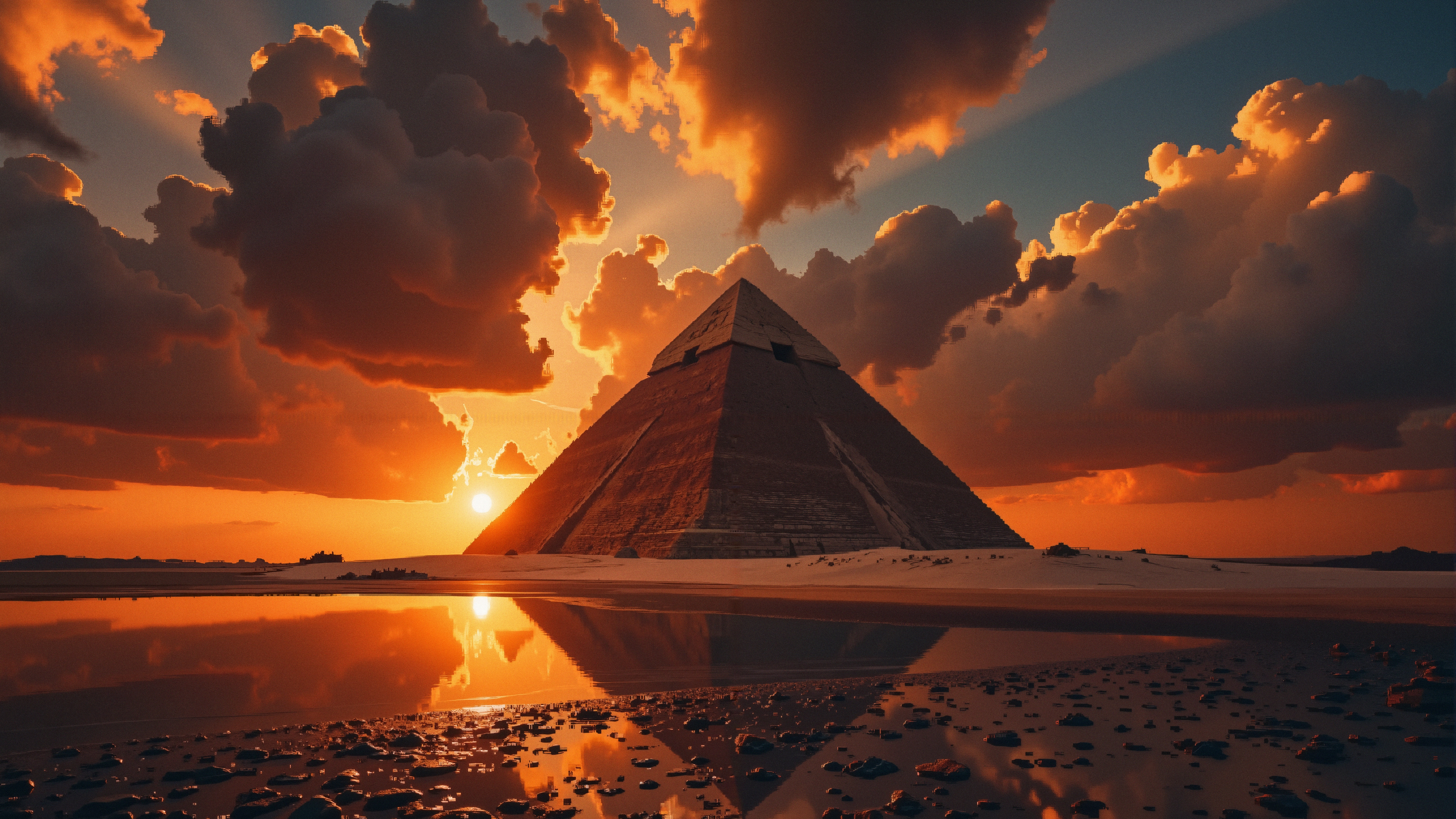 A pyramid silhouetted against an orange sunset with dramatic clouds reflected in water.