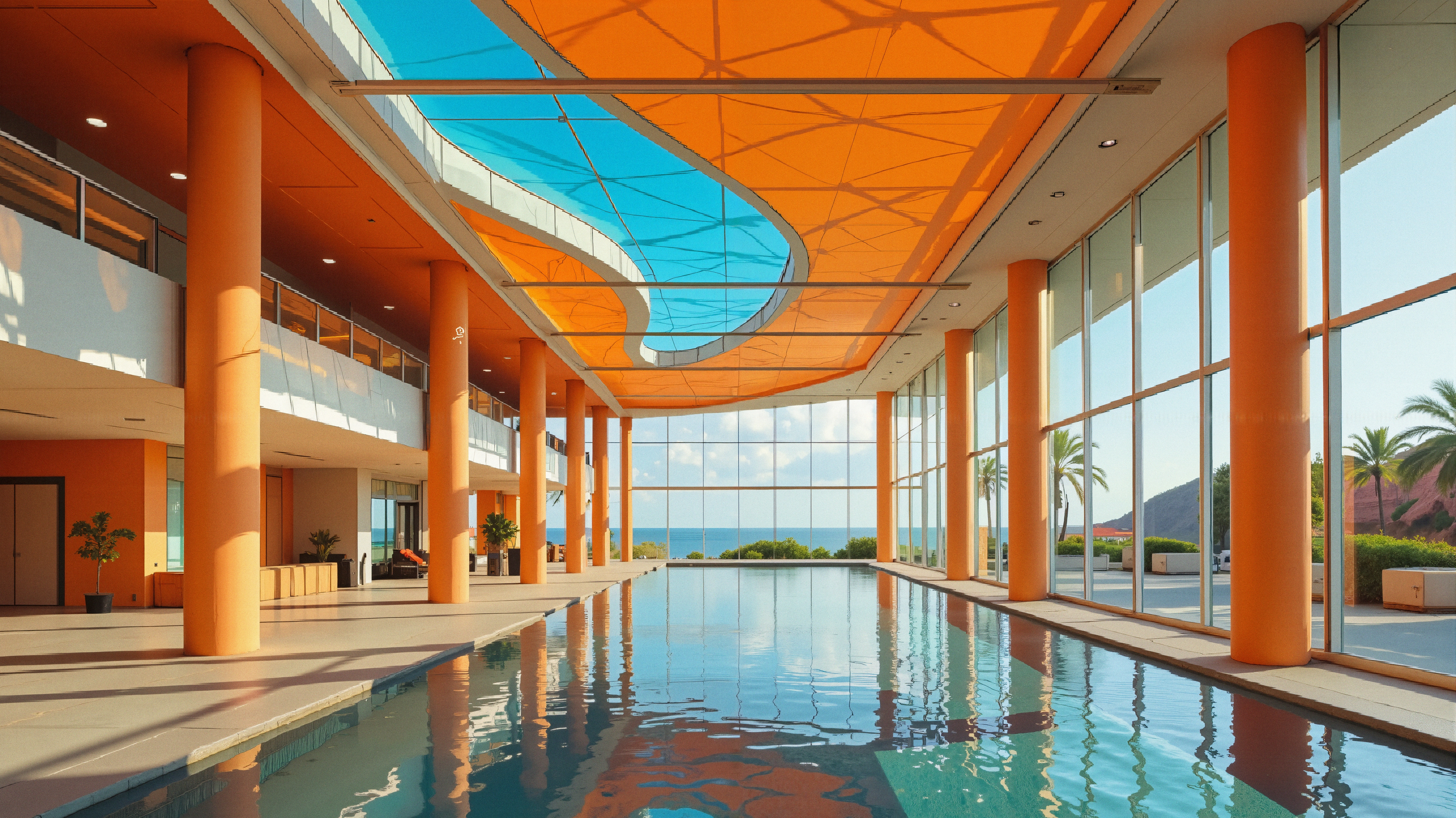 Luxurious indoor pool with vibrant design and ocean view windows.