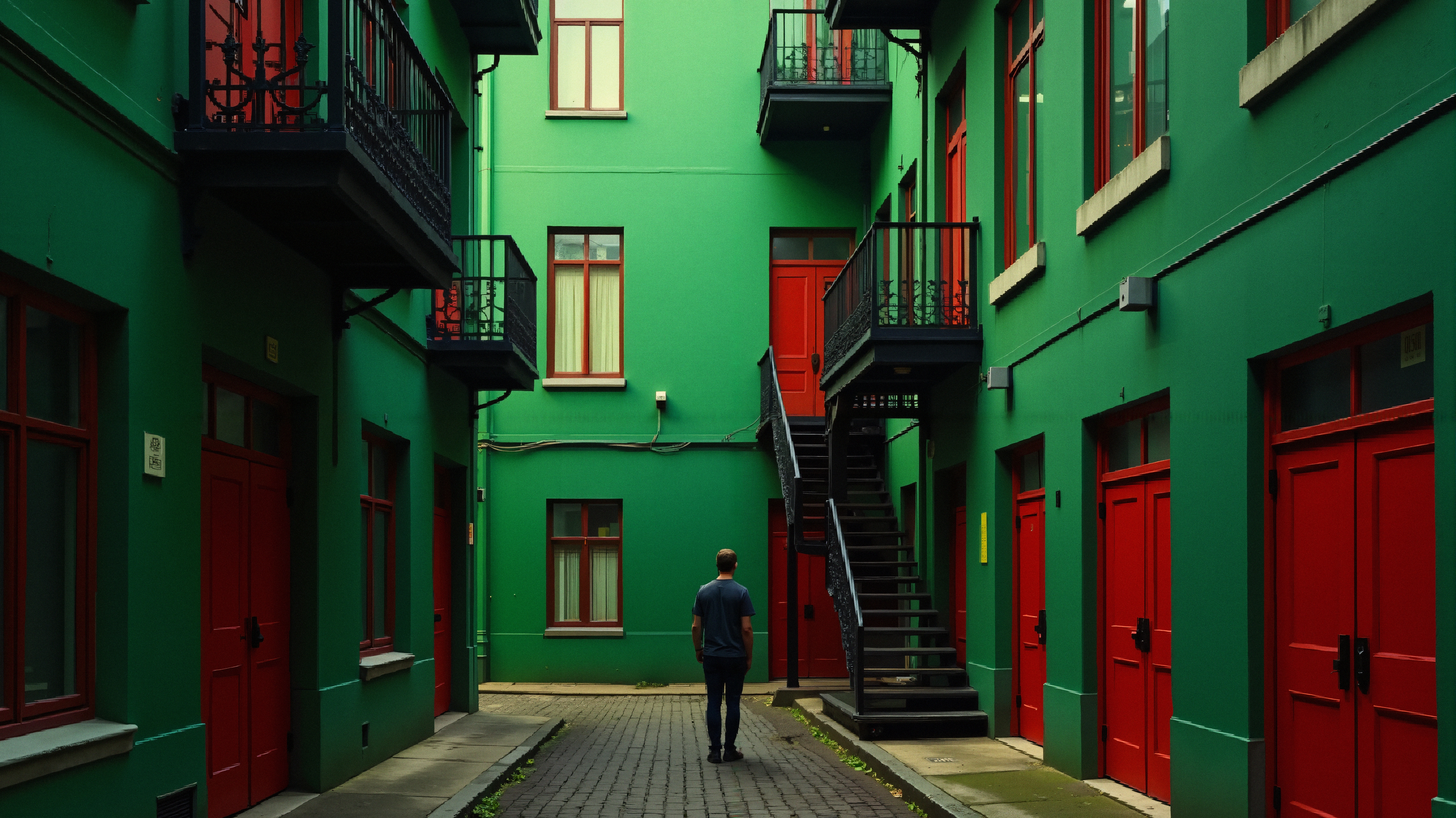 A man stands in a courtyard with green walls and red doors.
