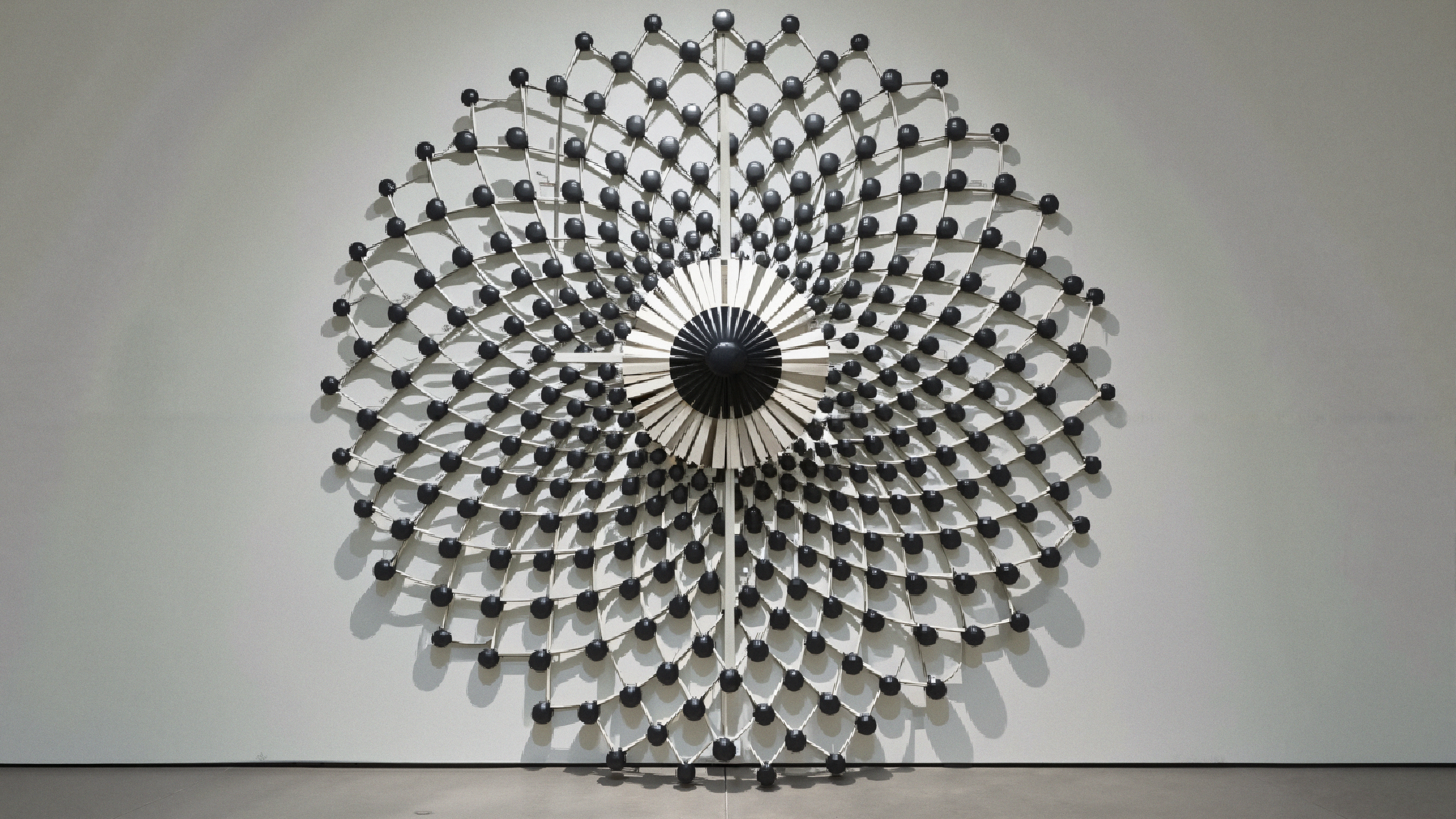 Architectural wall sculpture with black spheres and geometric pattern.
