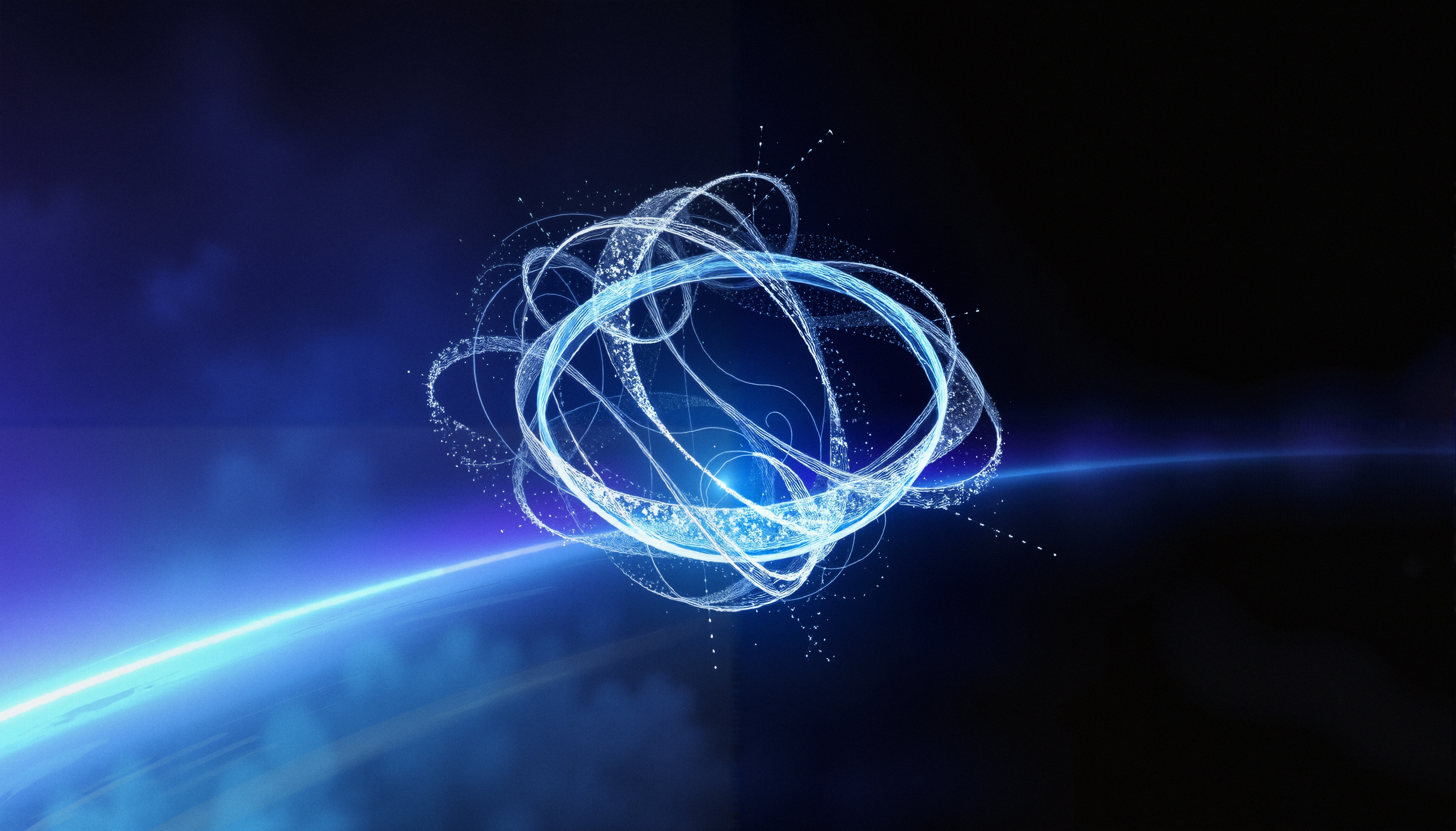 Abstract space scene with swirling blue energy lines conveying cosmic dynamics.