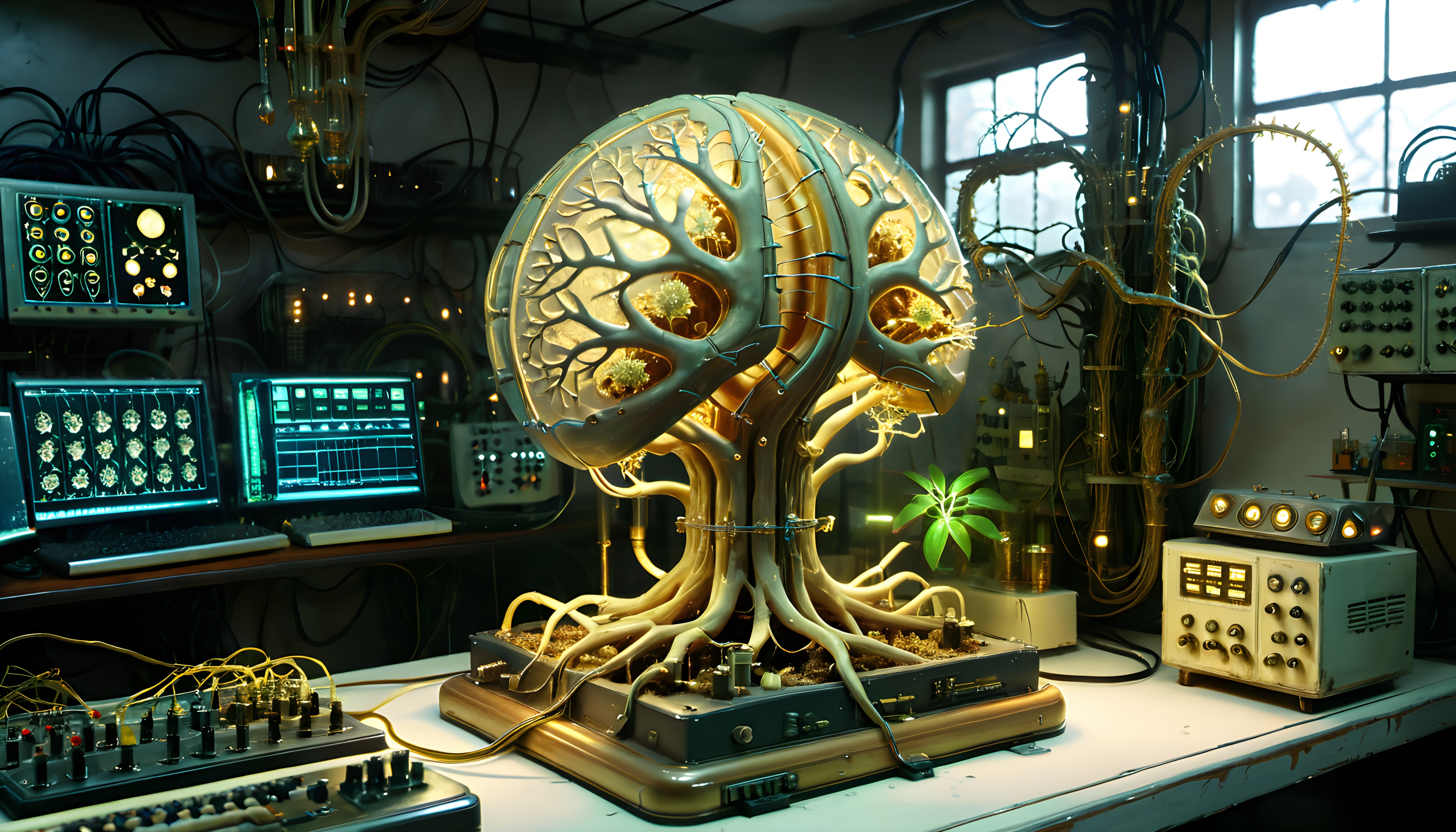 Futuristic lab with artificial brain-tree structure.
