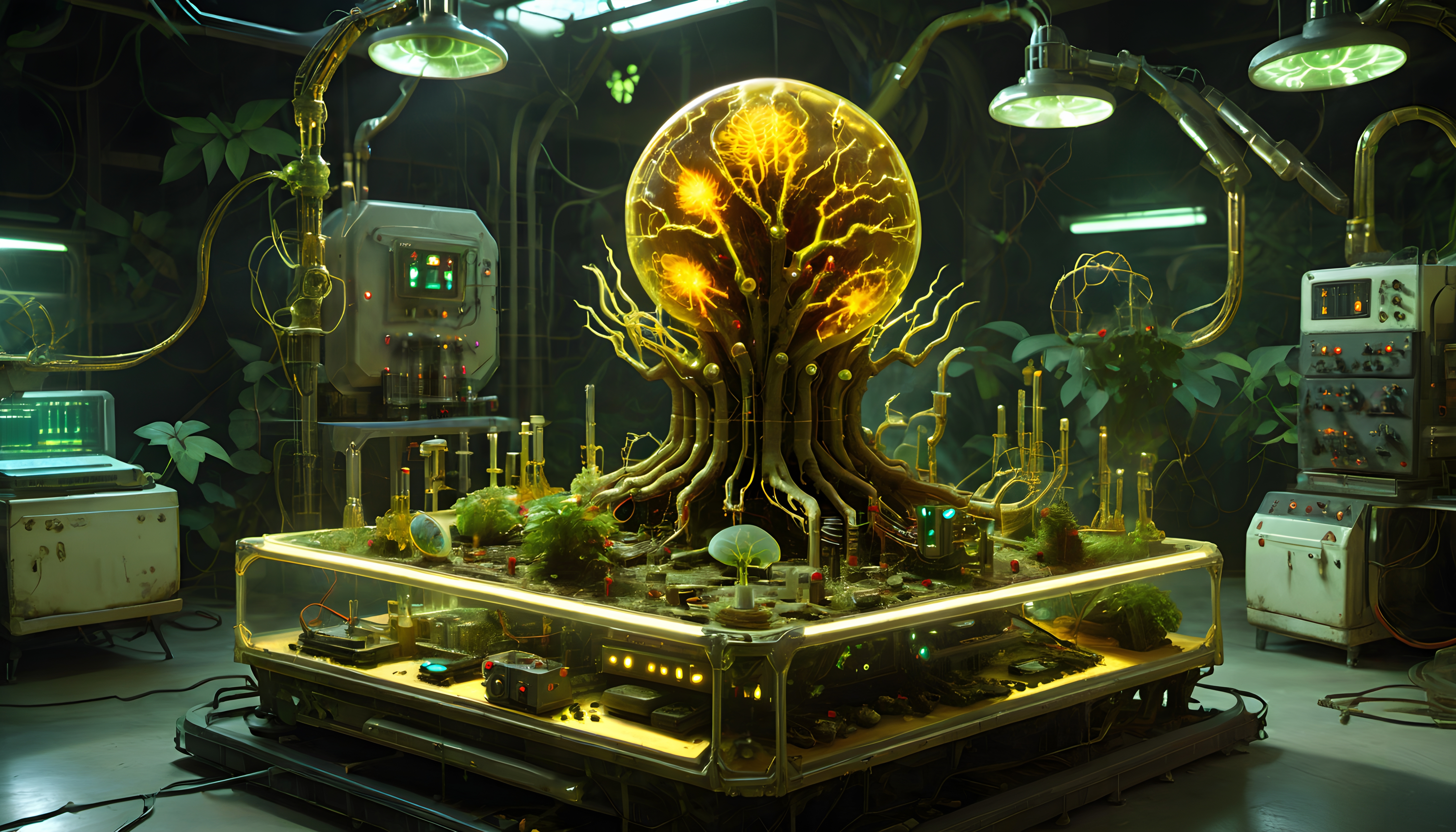 Futuristic laboratory with glowing bioluminescent tree.