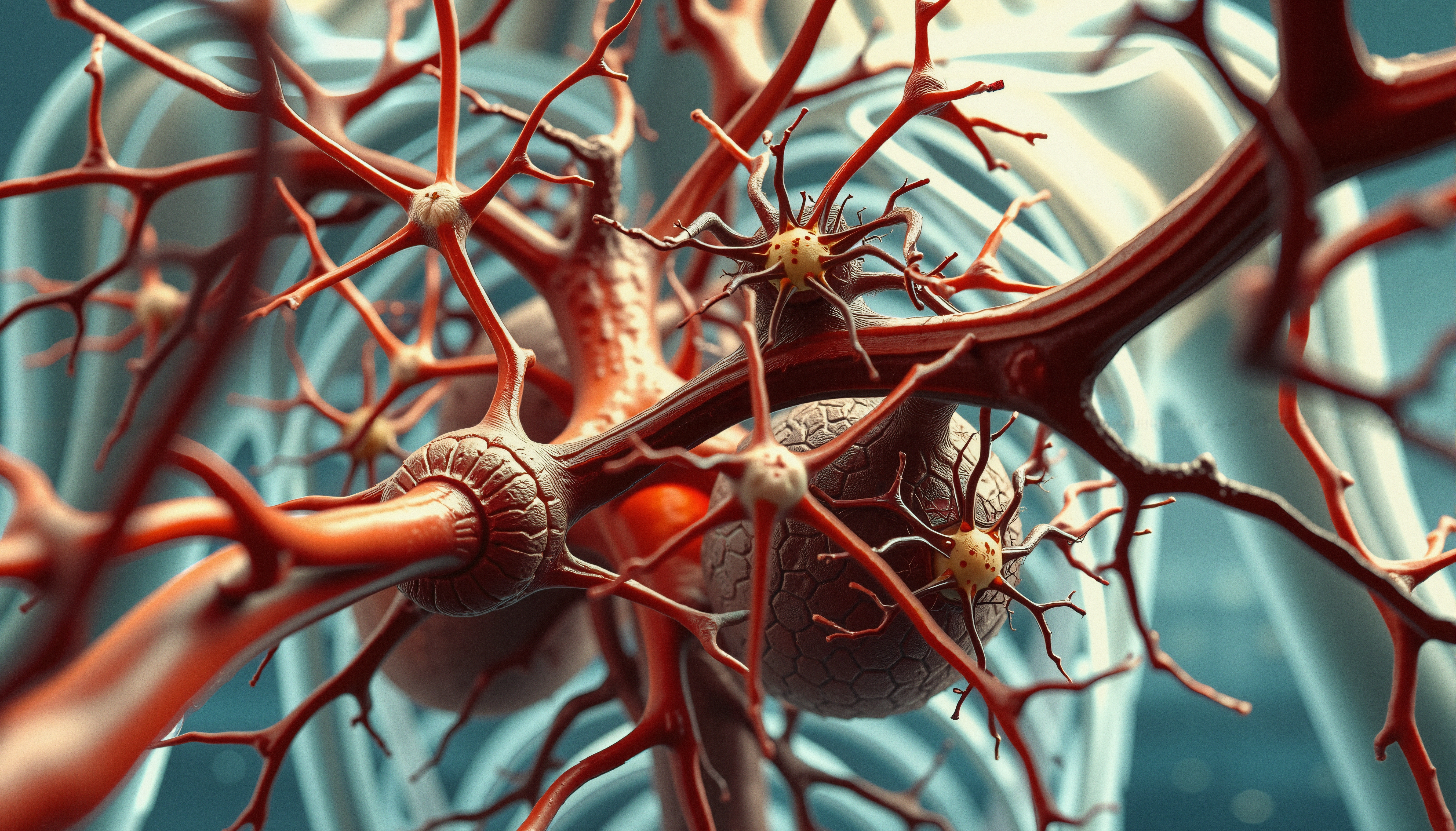 A detailed image of neurons forming a complex neural network with textured, branching structures.