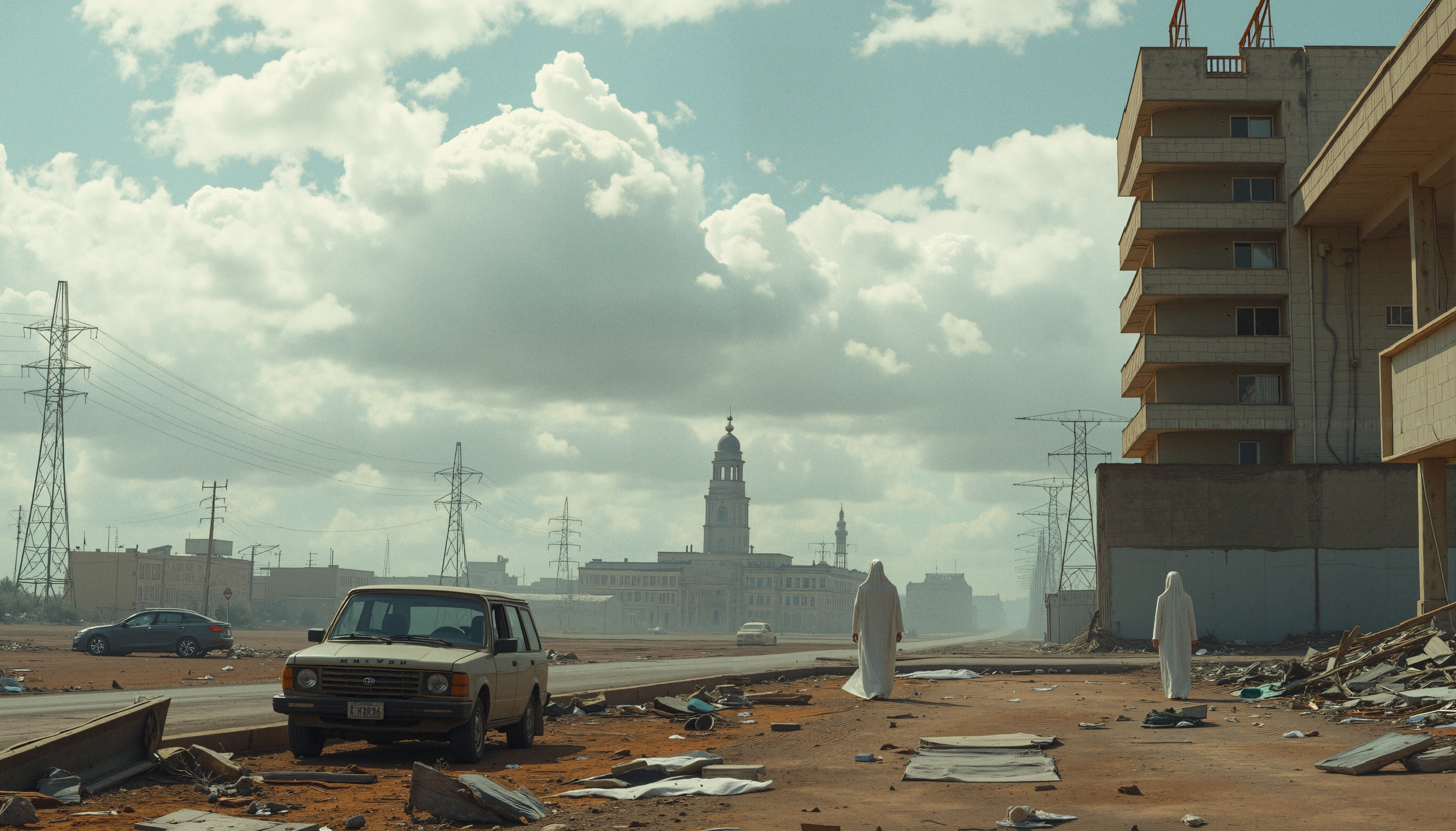 Dusty cityscape with debris and power lines.
