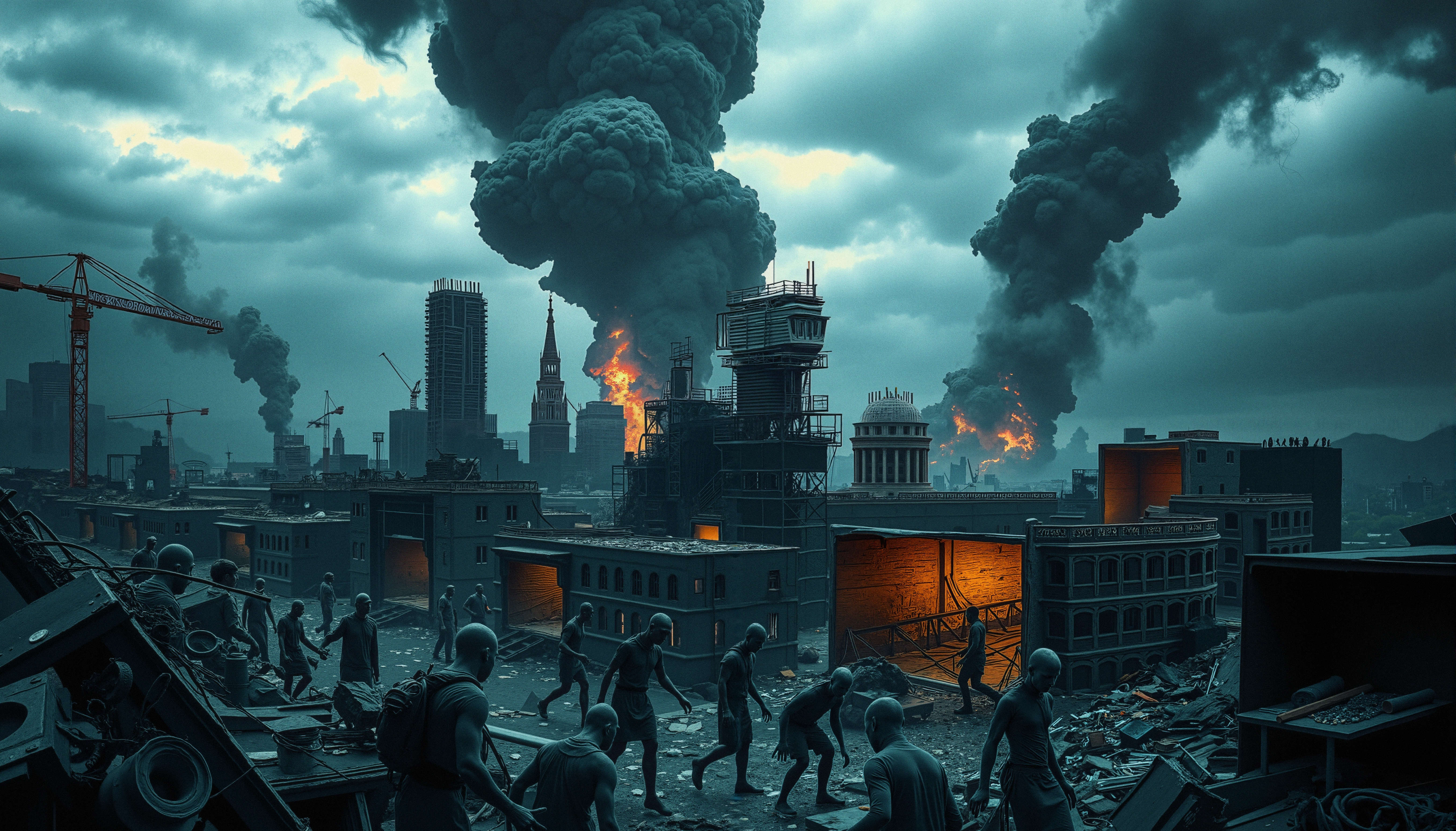 Dramatic scene of an apocalyptic cityscape engulfed in smoke and fire, silhouetting figures amid chaos.