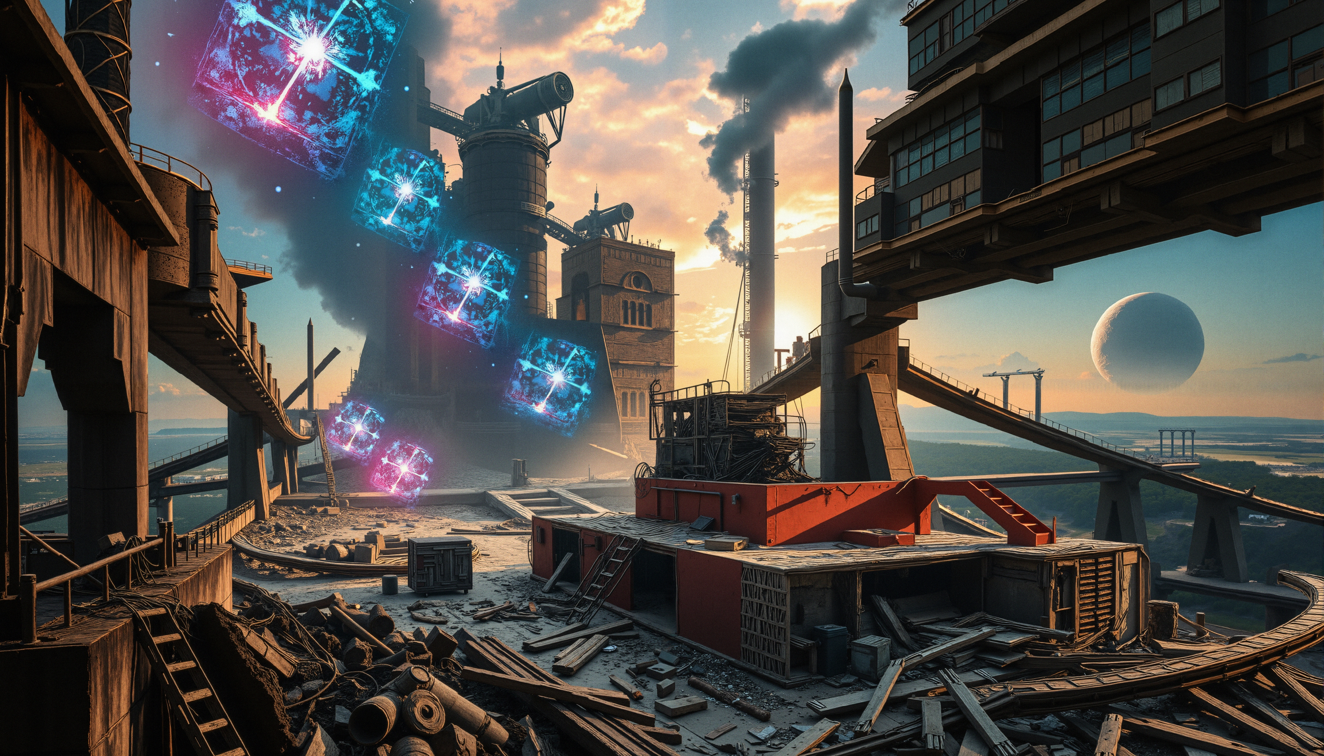Futuristic factory with floating neon cubes under alien sky.