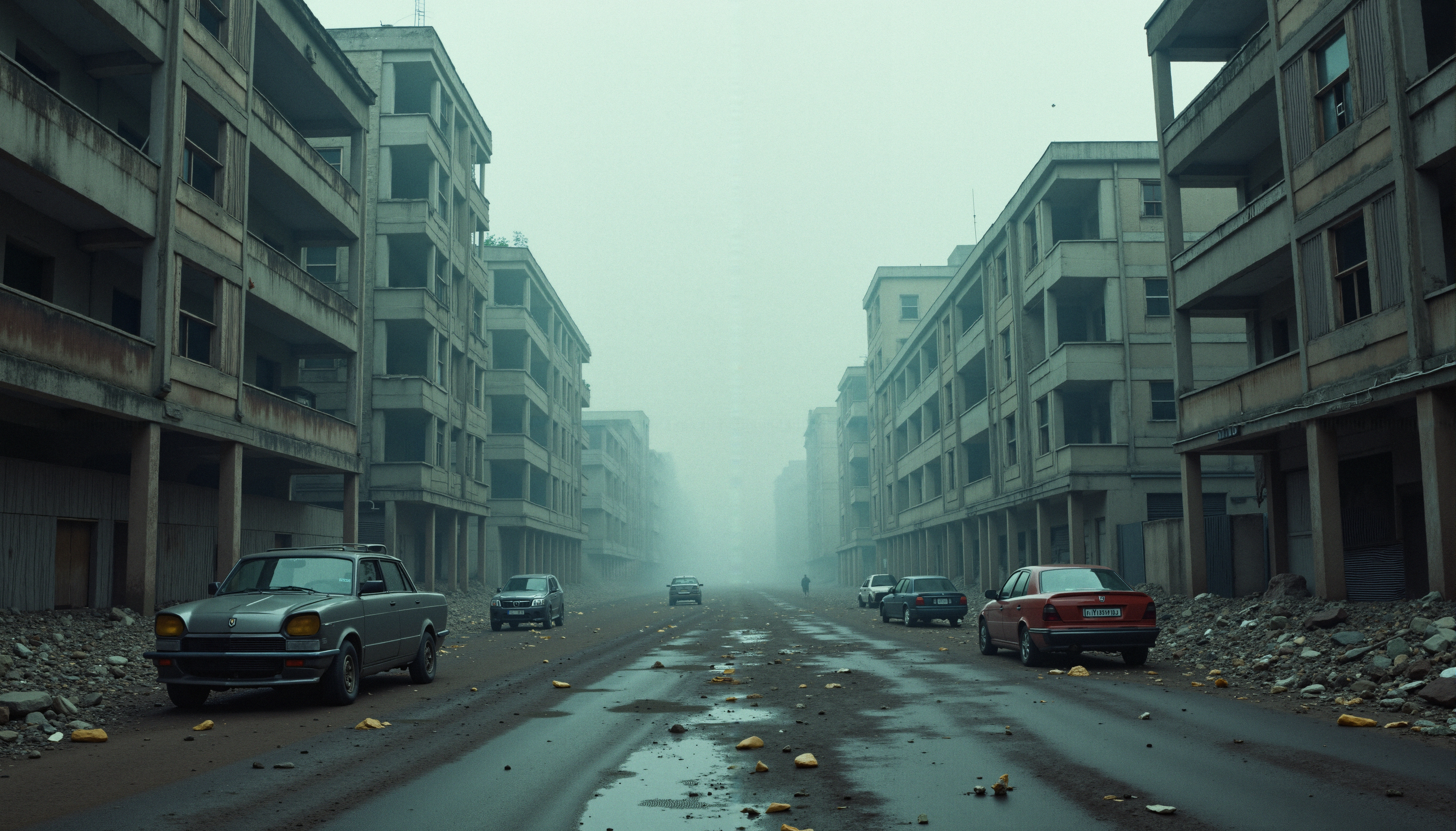 Abandoned street with old vehicles and foggy atmosphere.