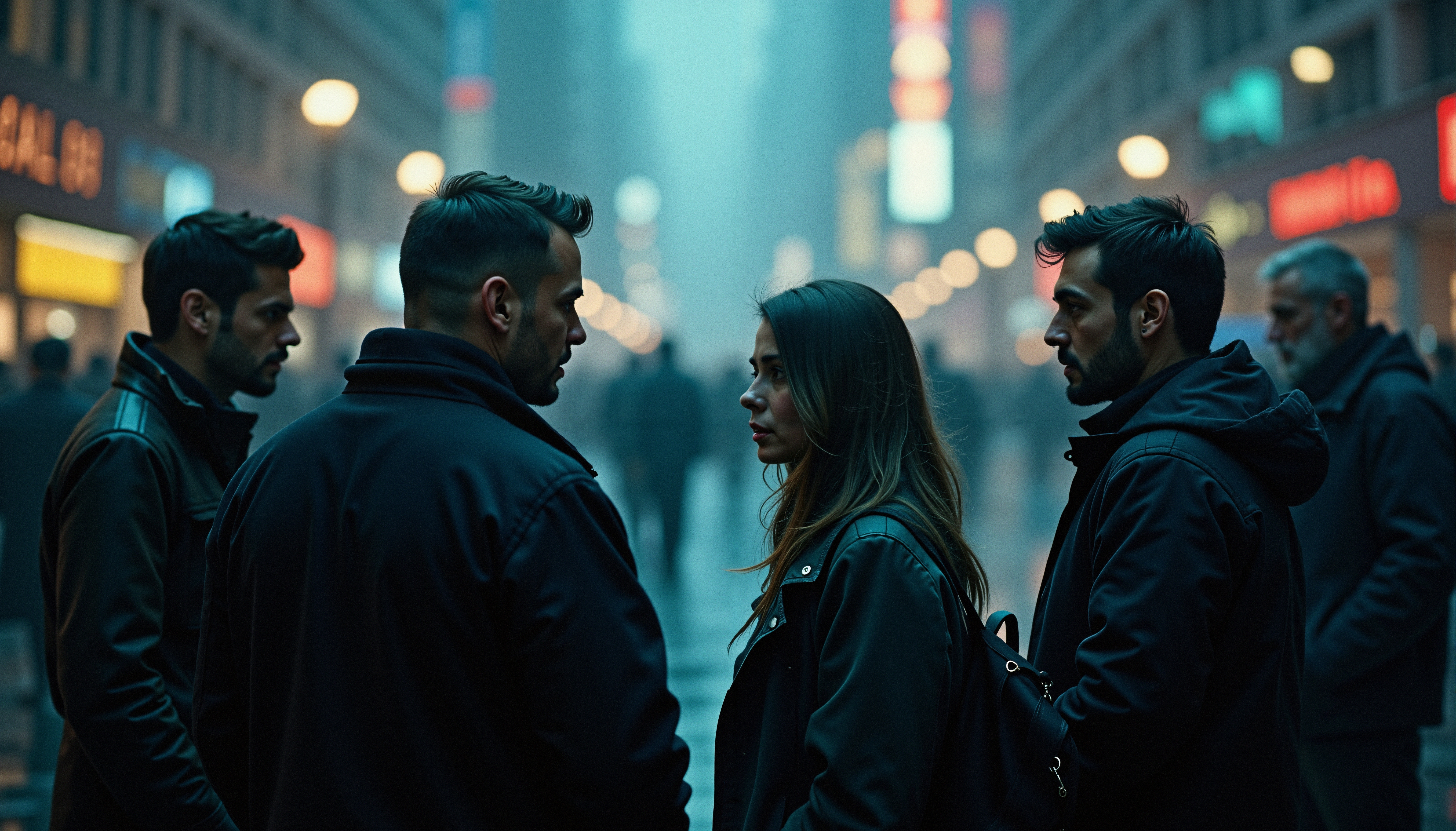 Four individuals converse on a foggy urban street at night.