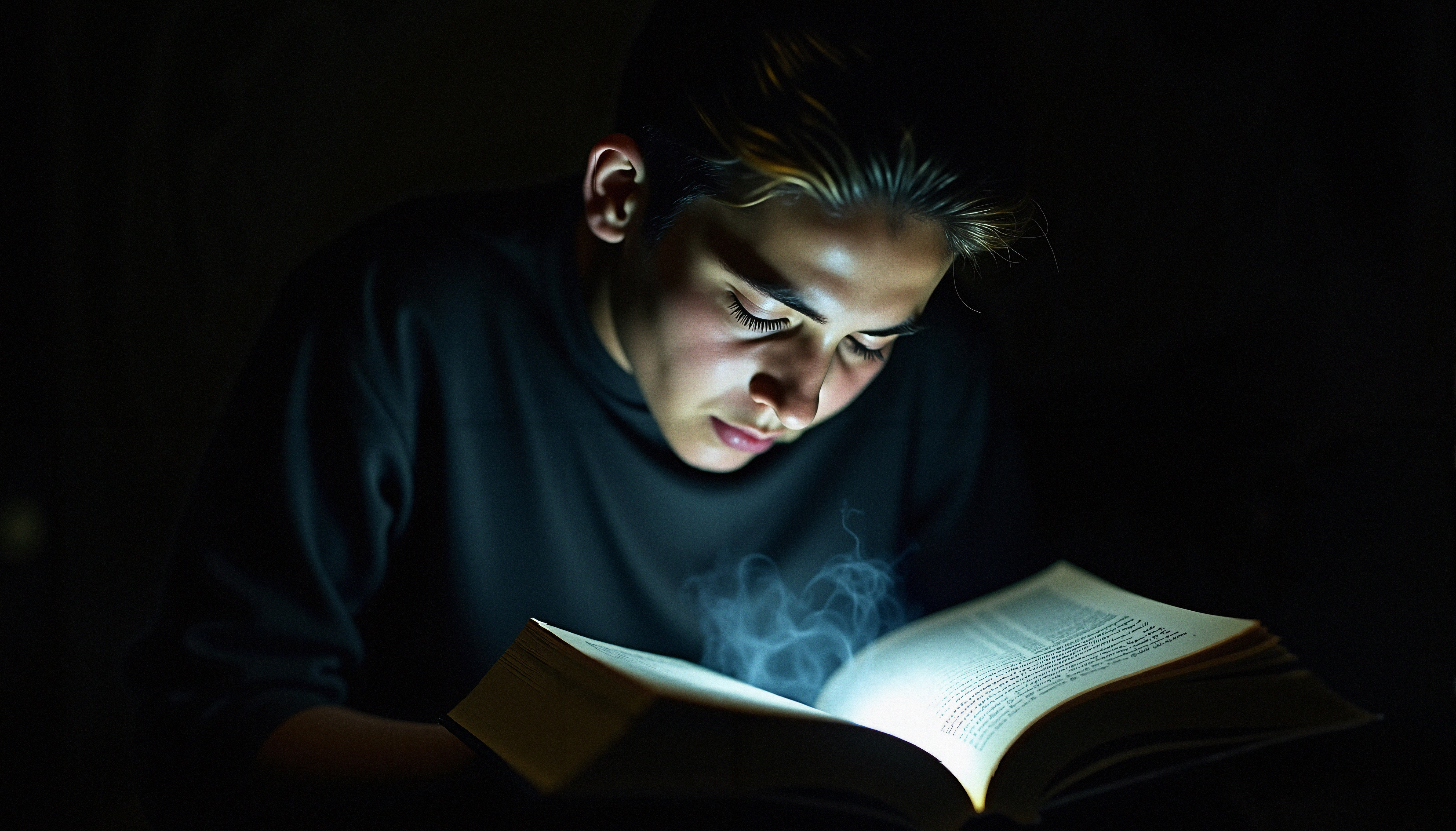 A person reading an illuminated book with mysterious smoke rising, creating a dramatic and captivating scene.