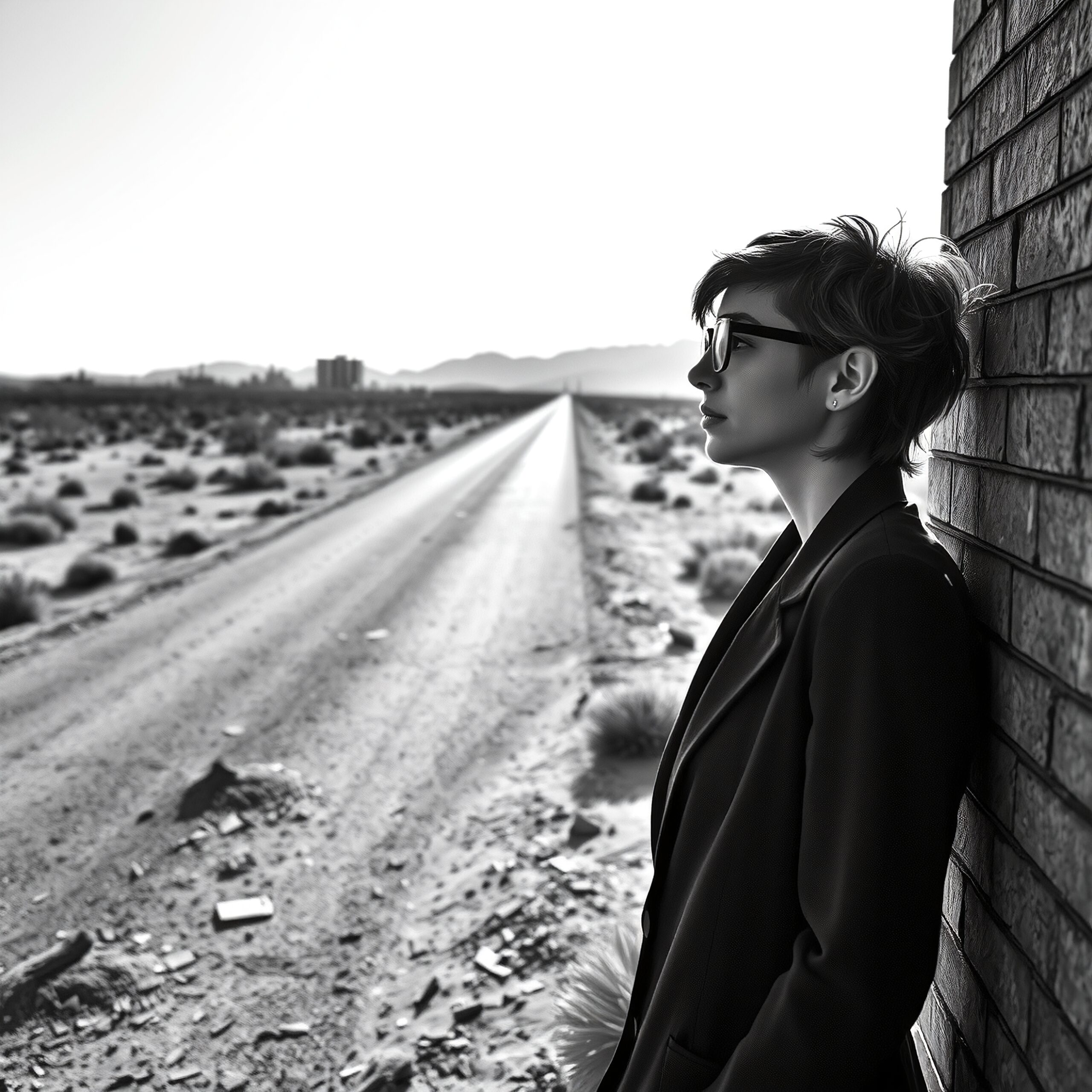 Black and white photo of a woman in glasses, standing against a brick wall in a desert landscape with a road leading to distant mountains.