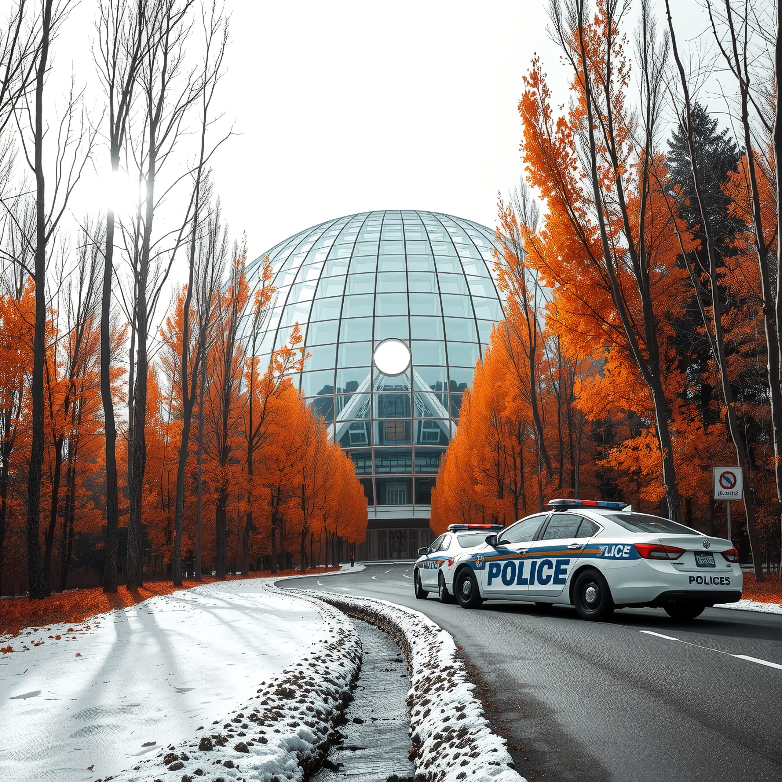 Modern dome with trees and police cars.