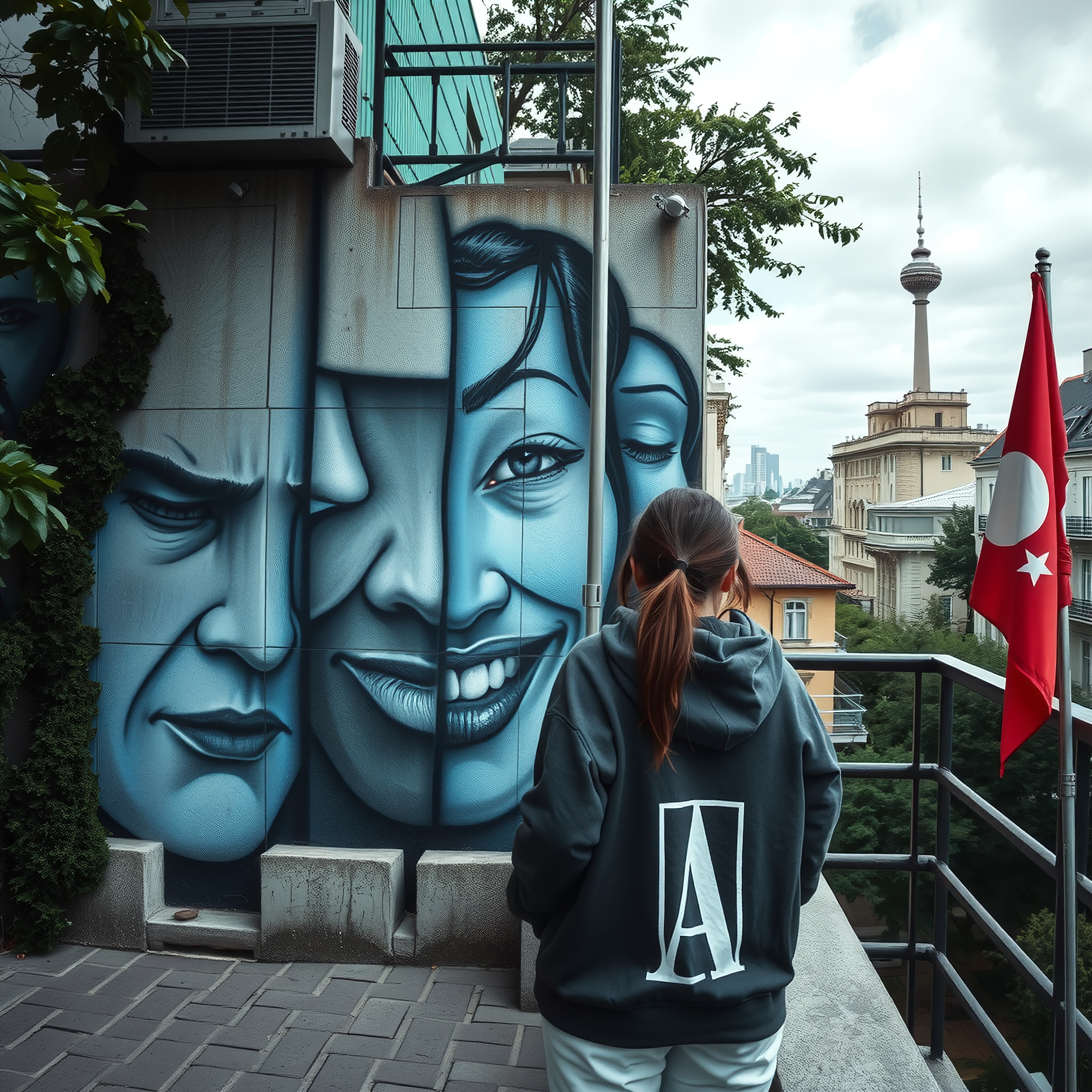 The image shows a person in a hoodie viewing a vibrant mural of blue faces on an urban building wall.