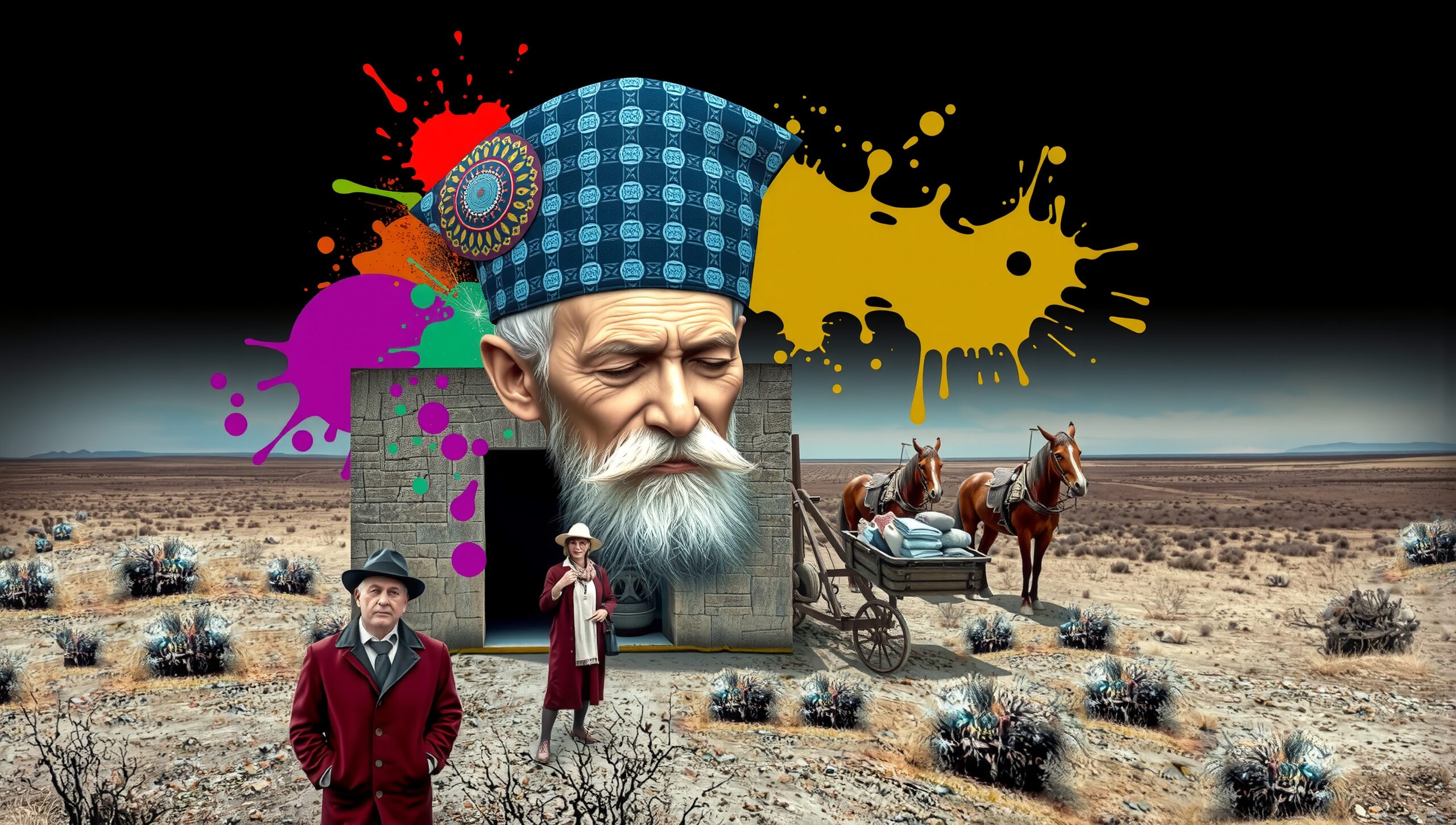 A surreal desert with vivid colors, abstract architecture, and vintage figures.