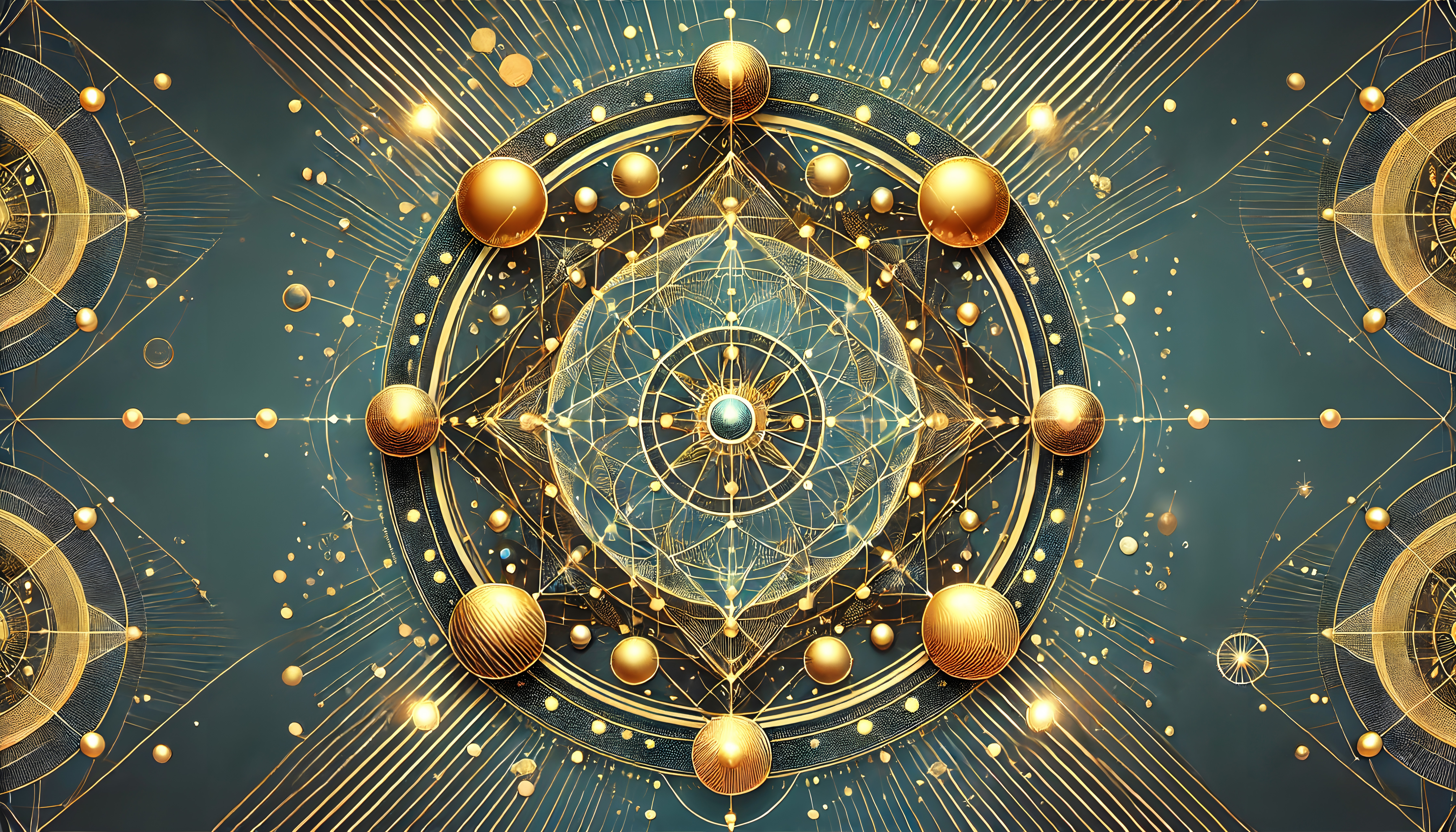 Intricate geometric design with golden spheres radiating energy against a teal background.