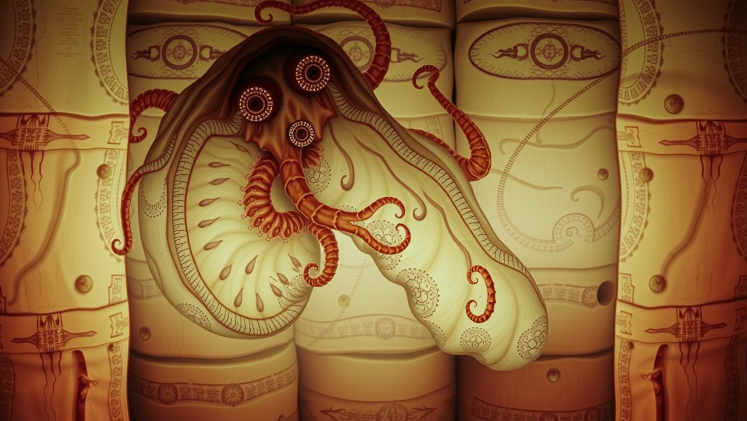 Surreal scene with tentacled creature and mechanical patterns.