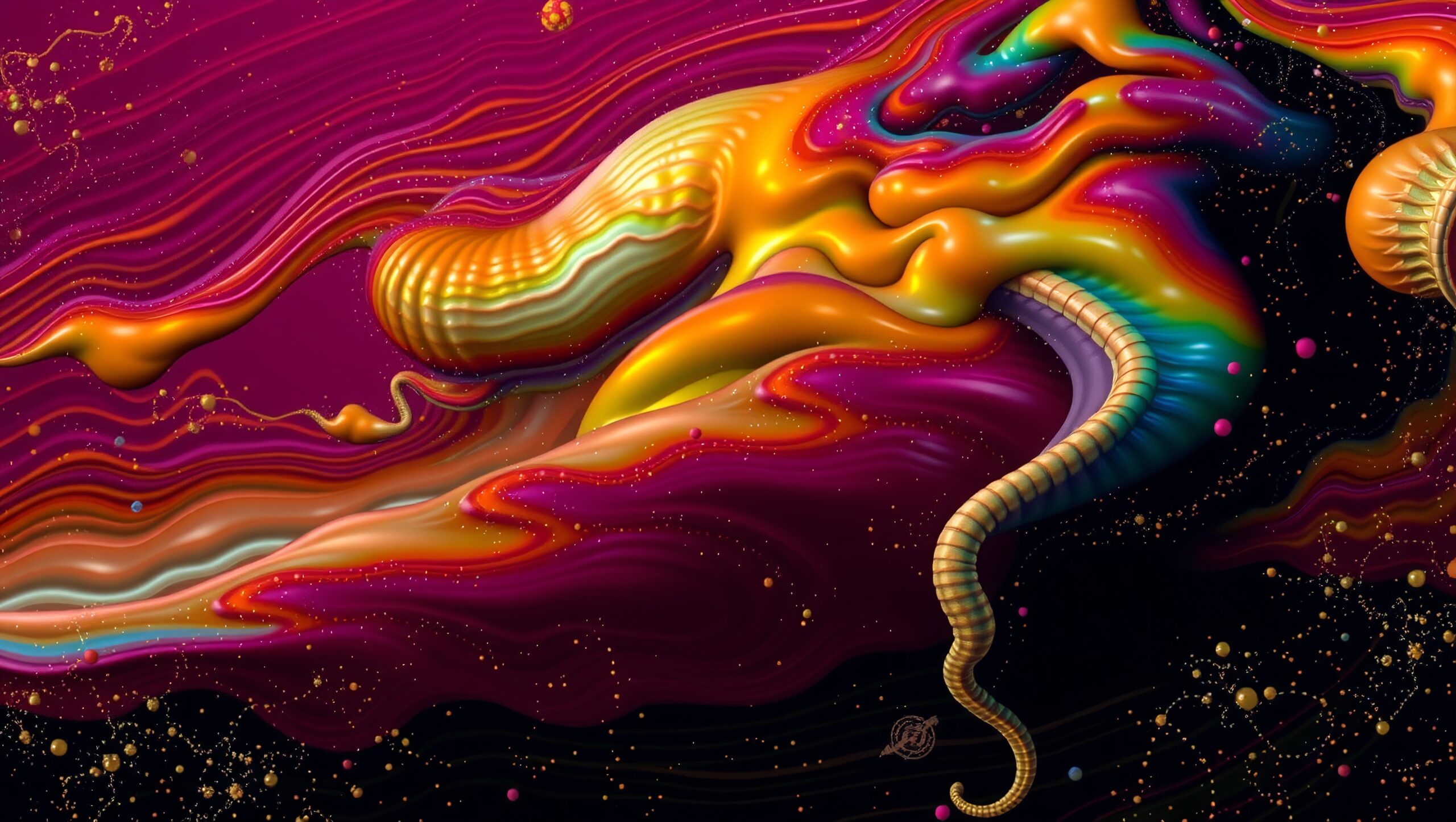 Vibrant abstract artwork with flowing shapes and cosmic colors.