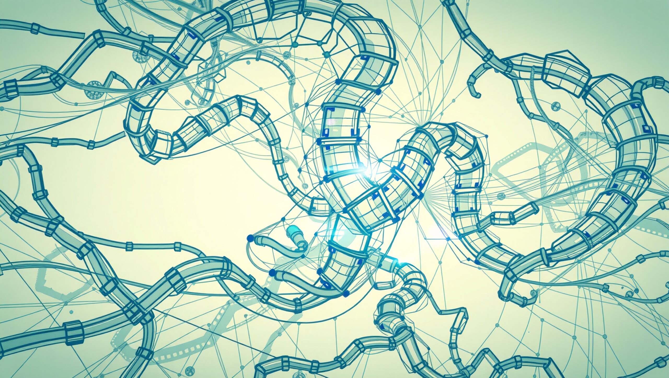 Futuristic network design of interconnected tubular structures glowing with technological themes.