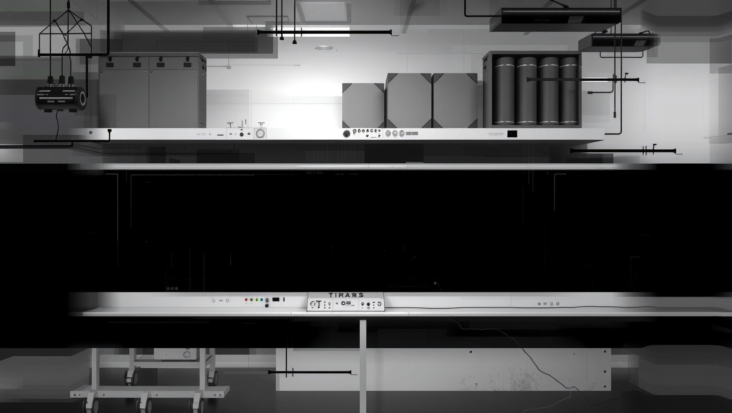 Futuristic industrial lab with various control panels and electronic devices in grayscale.