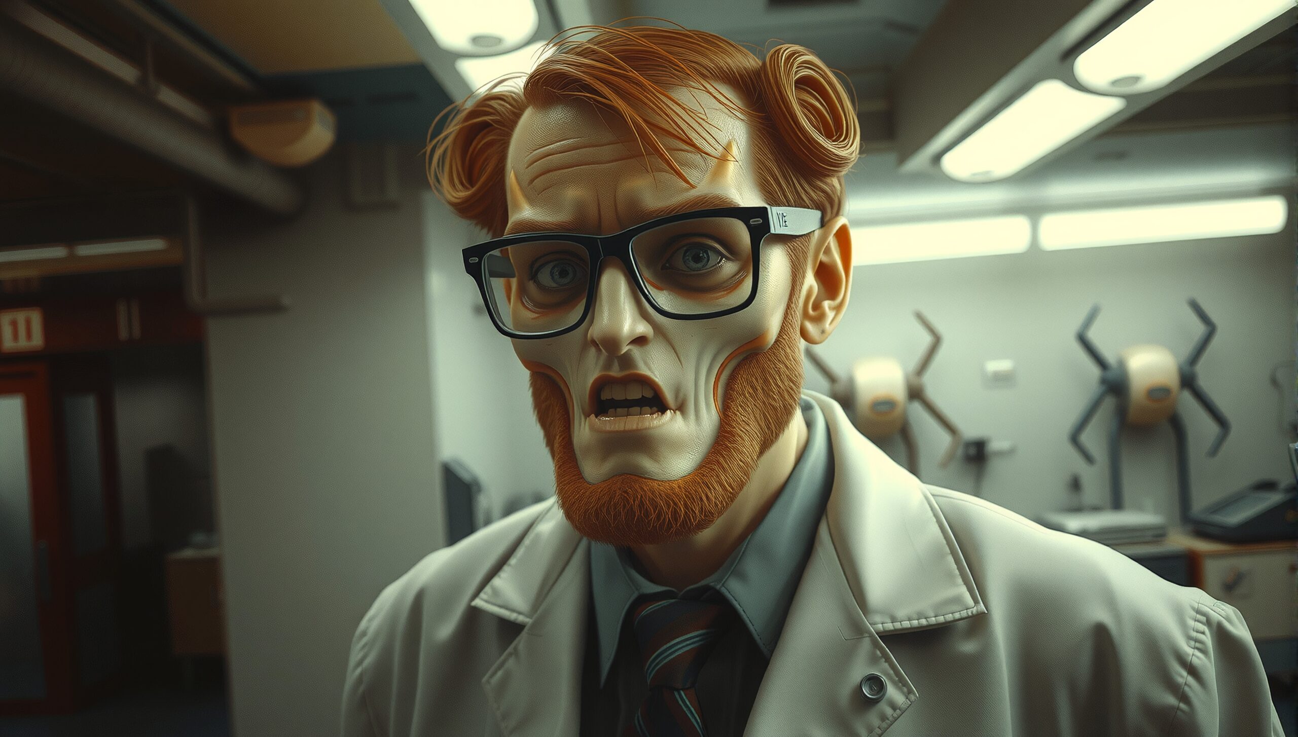 A scientist with a mechanical face in a retro-futuristic lab setting, wearing glasses, a lab coat, and surrounded by sci-fi machinery.