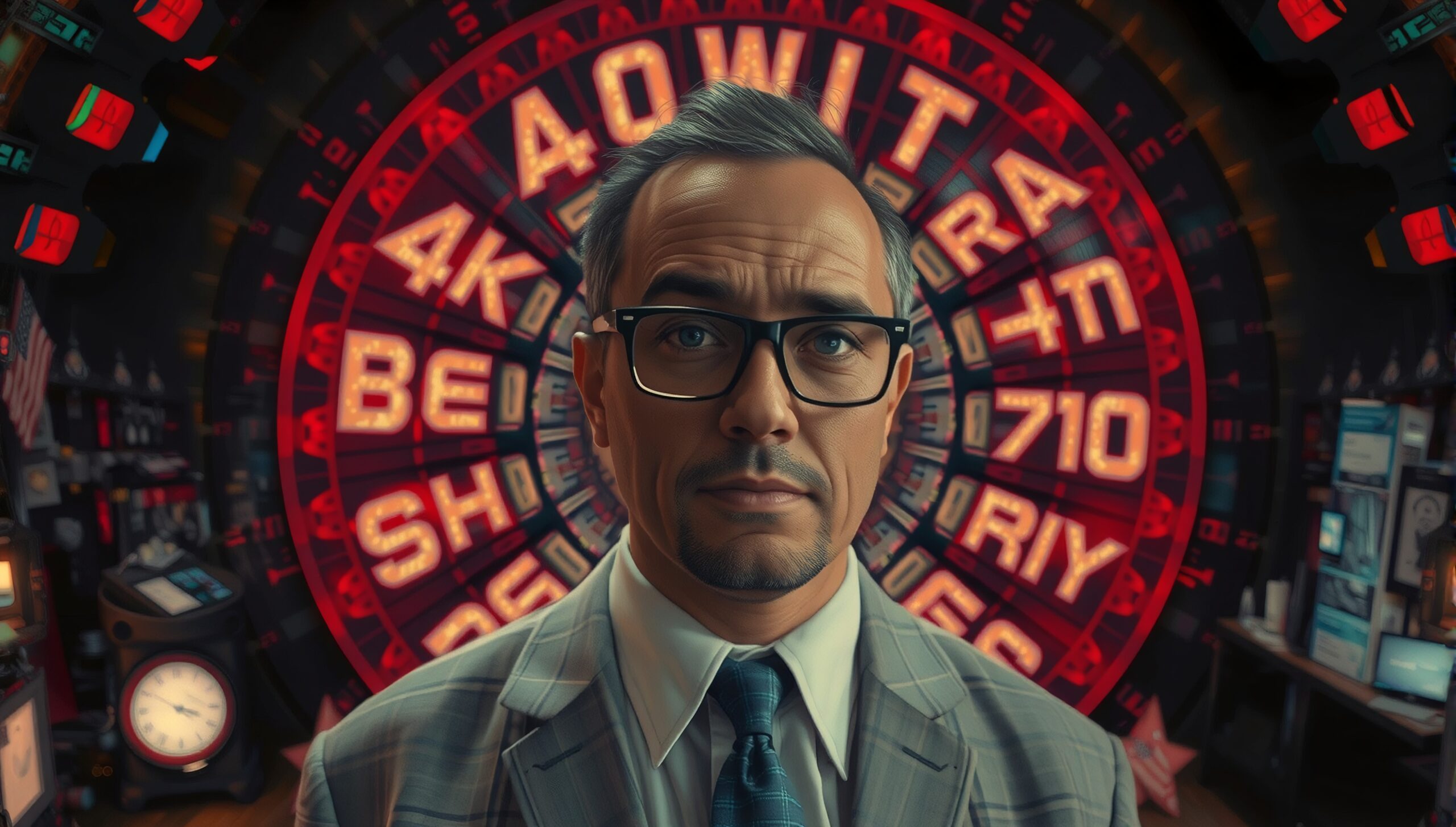 A man in a suit stands before colorful neon signs, creating a vivid, eclectic atmosphere.