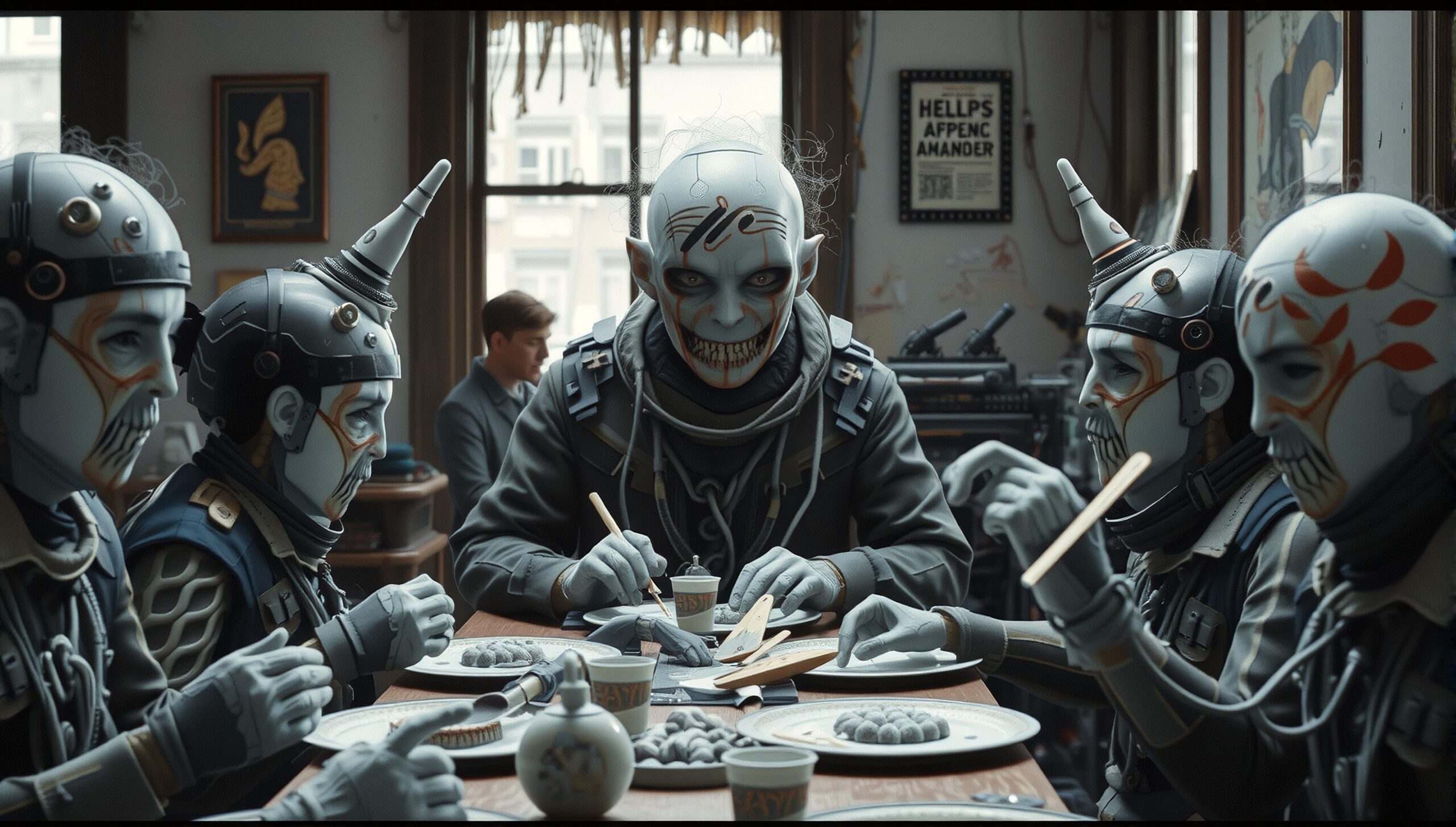 Futuristic group gathers around table, engaged in a meticulous task amidst eclectic decorations.