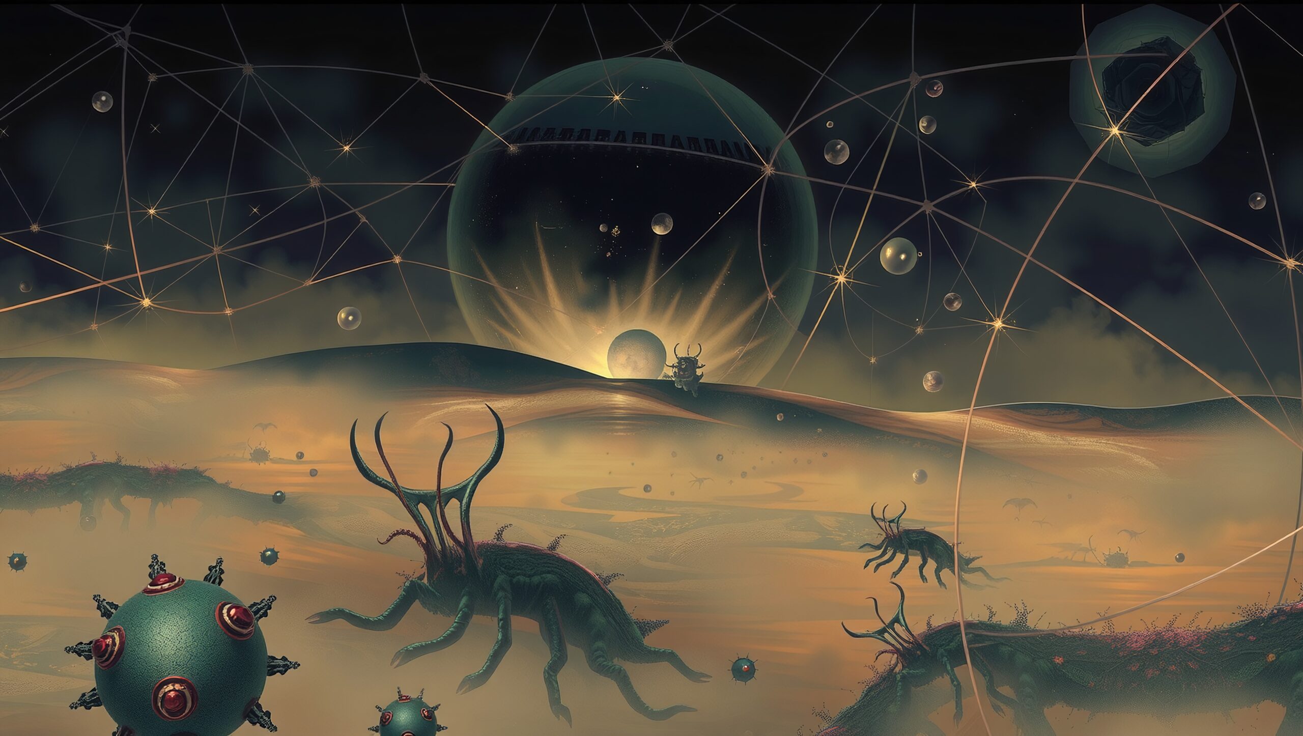 A surreal alien landscape with glowing spheres, creatures, and a misty atmosphere.