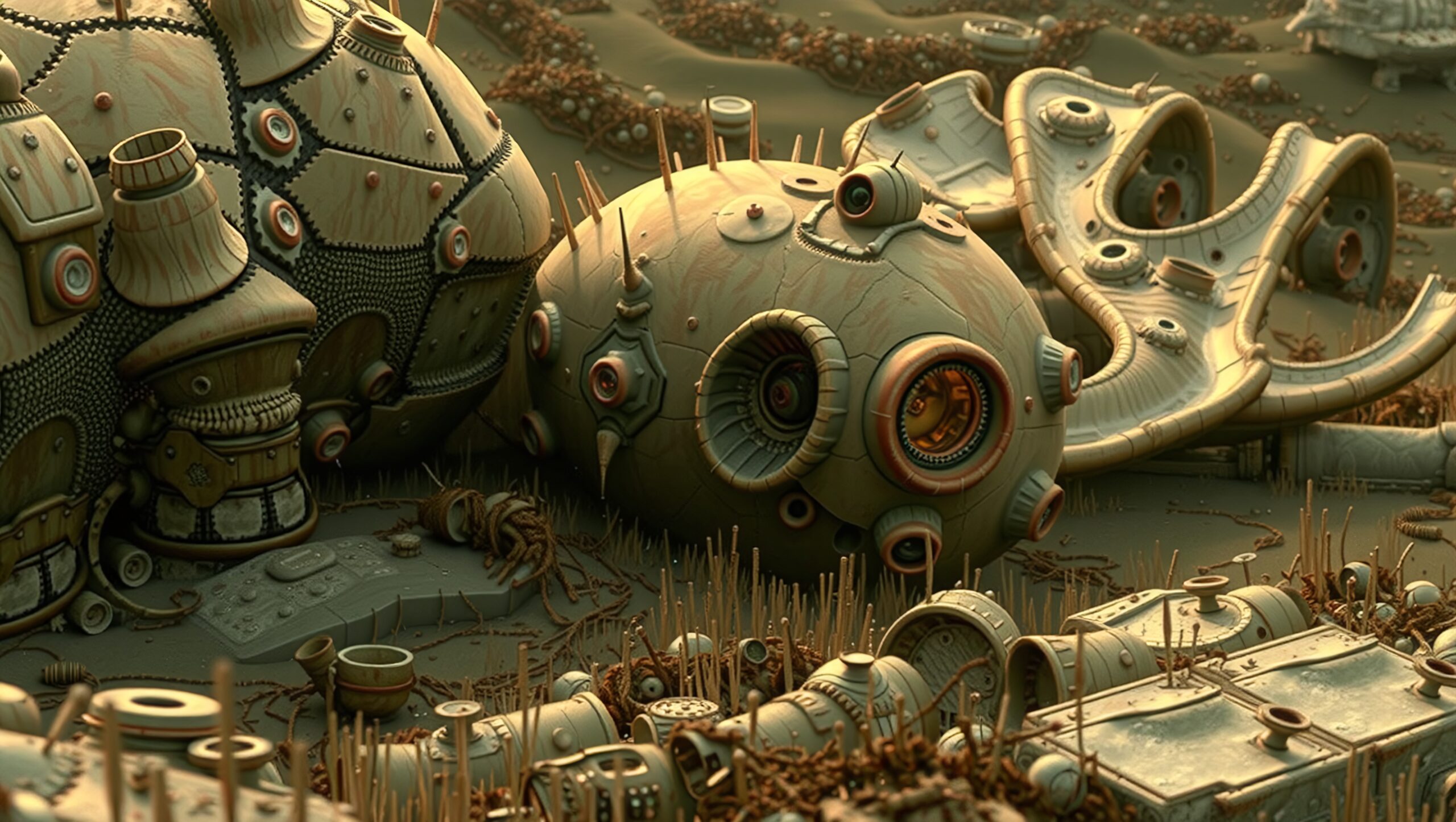 Intricate mechanized landscape with spherical apparatus amidst rods and vines.