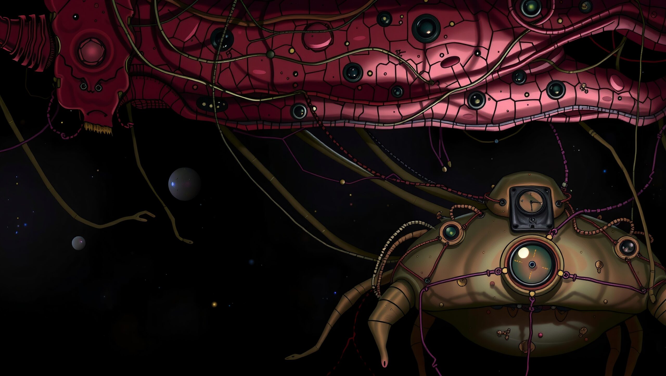 A futuristic mechanical entity floating in space, designed with intricate details, cosmic elements, and a captivating color scheme.