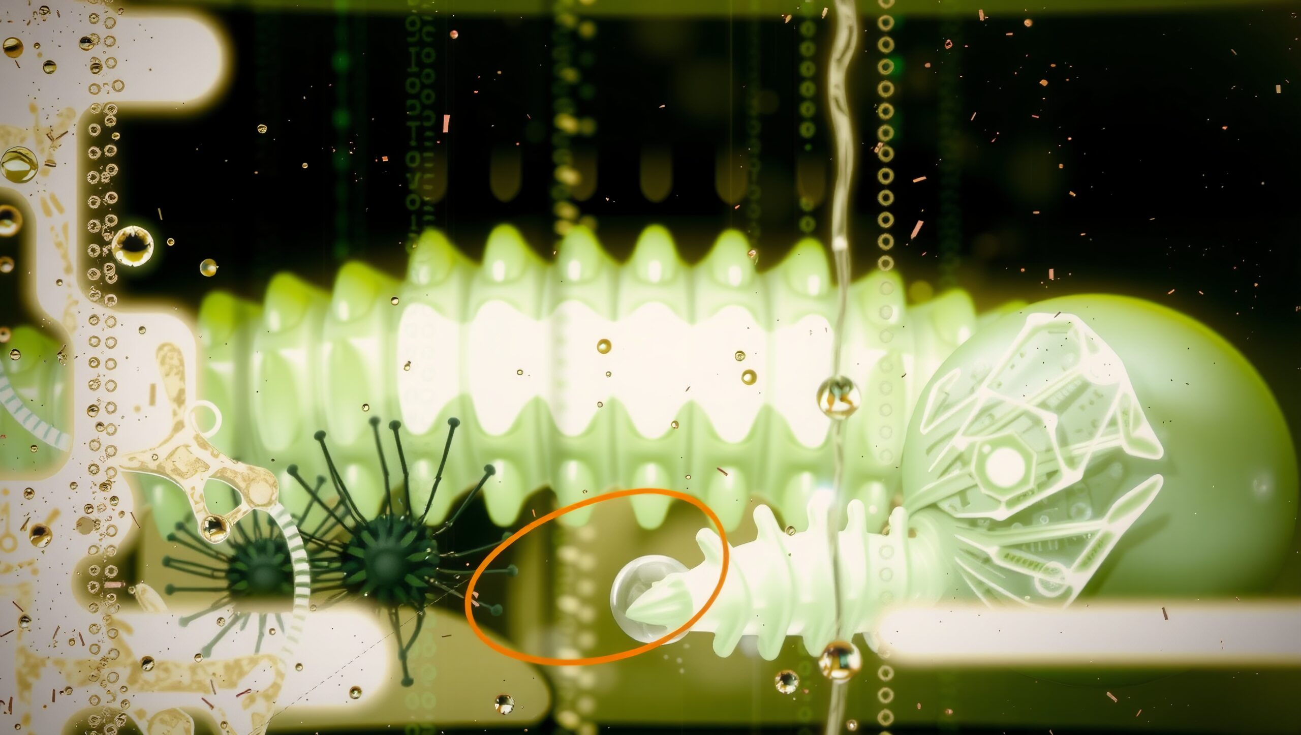 Abstract futuristic scene with glowing organic and mechanical elements, surrounded by digital symbols and bubbles.