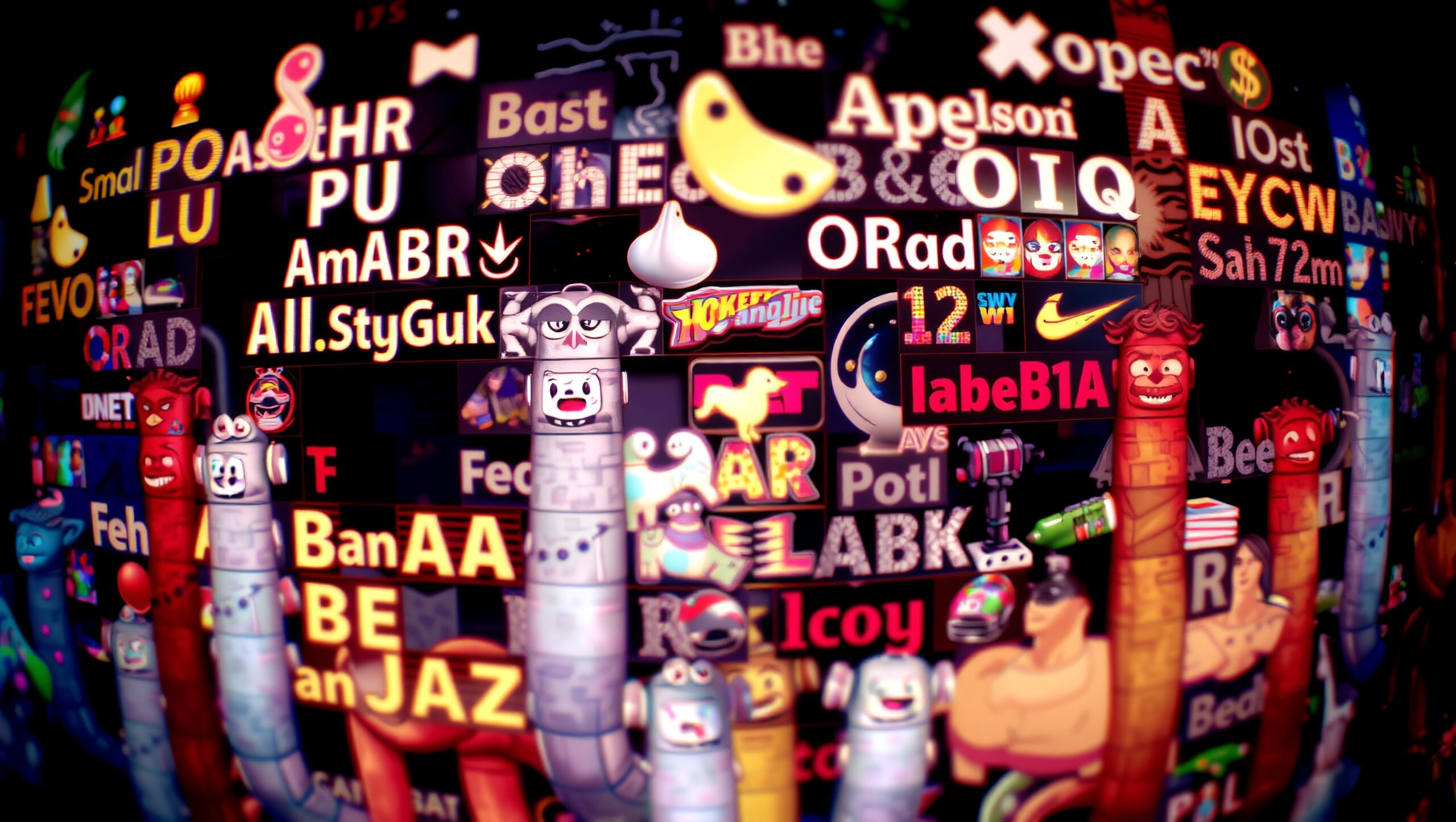 A vibrant collage of digital art featuring cartoon characters and logos in a colorful, chaotic arrangement.