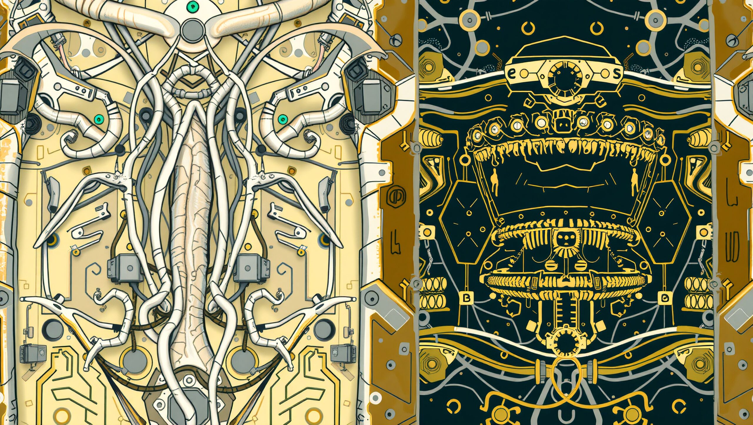 Futuristic mechanical design with contrasting halves featuring intricate elements.