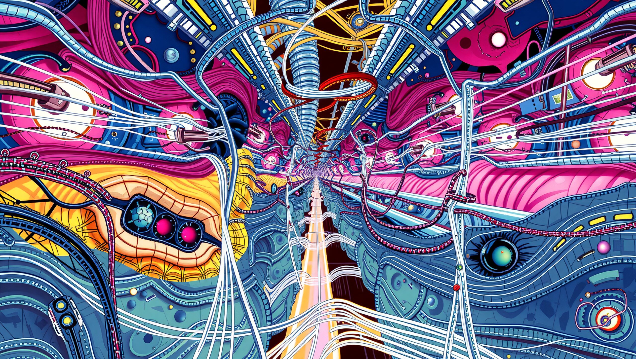 Futuristic abstract maze with colorful intertwining cables.