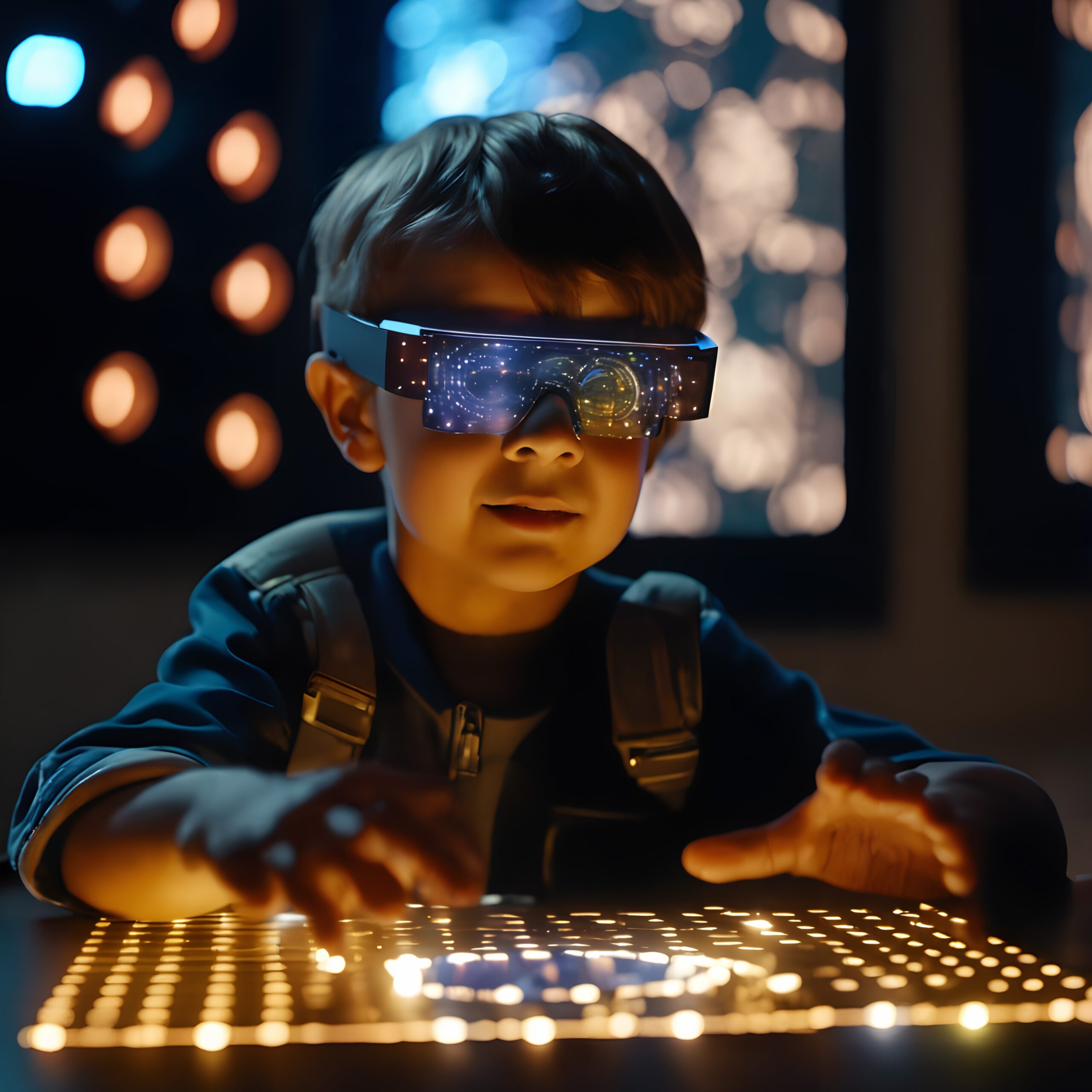 A young child interacts with a futuristic digital panel, wearing high-tech glasses that display starry visuals, in a dimly lit sci-fi setting.