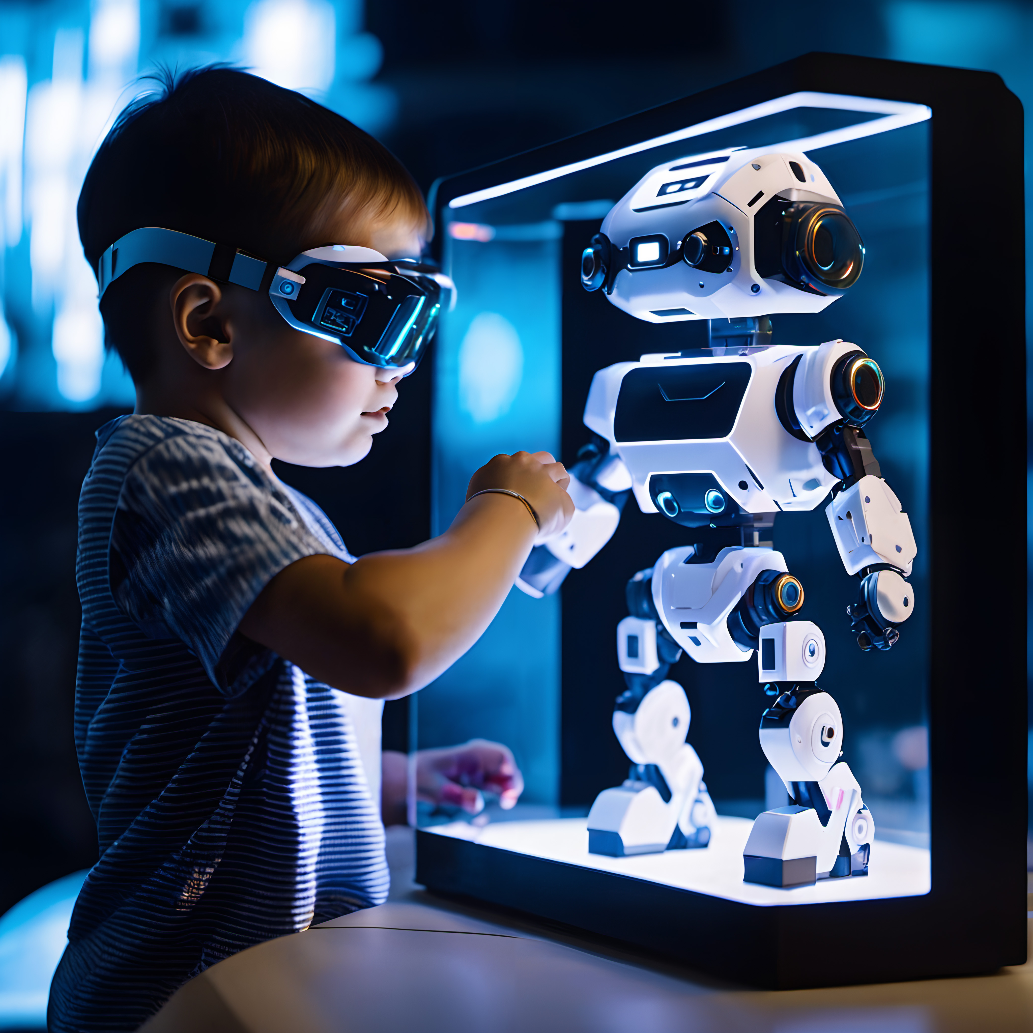 A young child wearing goggles interacts with a futuristic robot inside a display case, illuminated by blue lights.