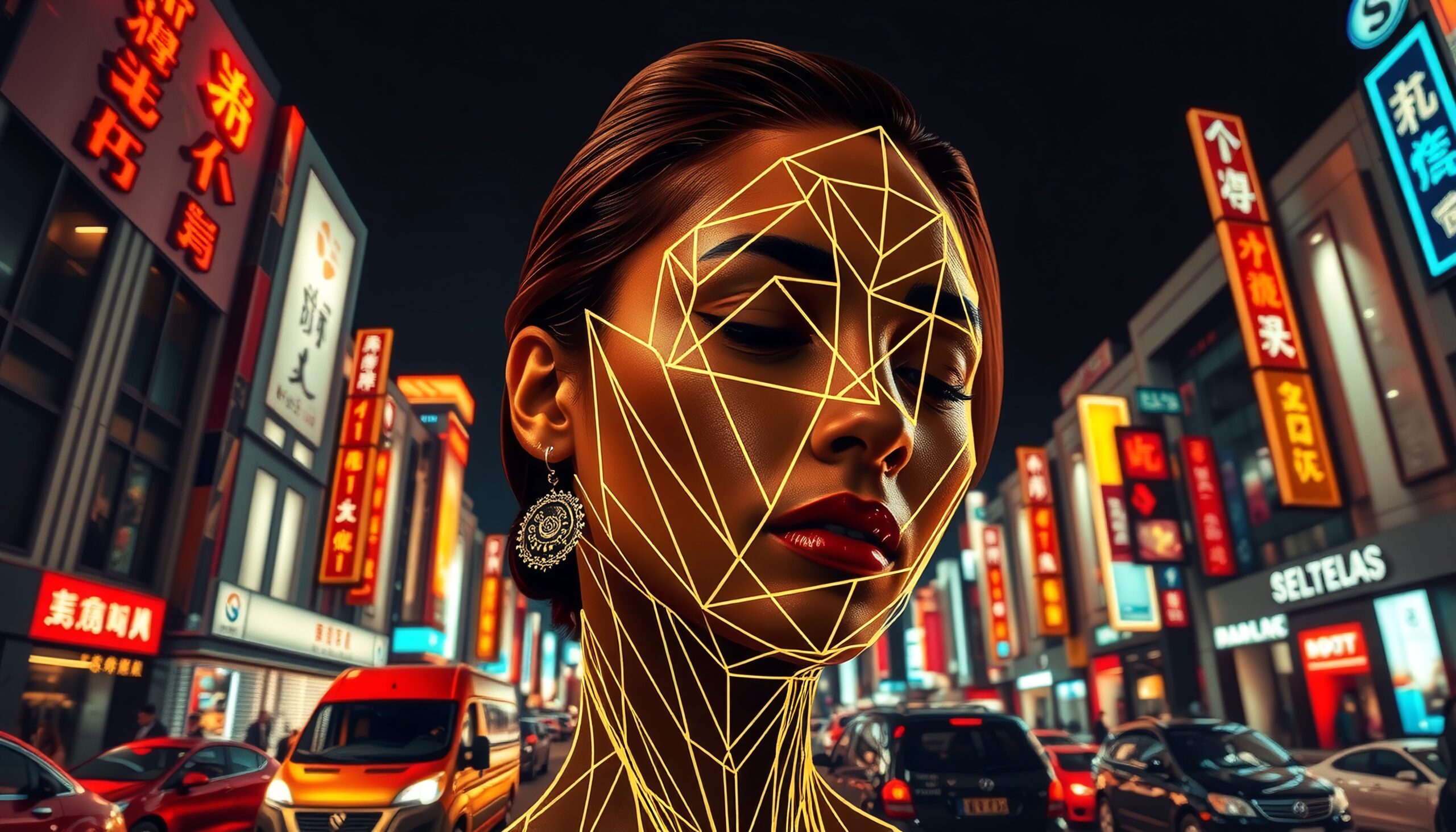 A woman with geometric patterns on her face stands against a neon-lit cityscape.