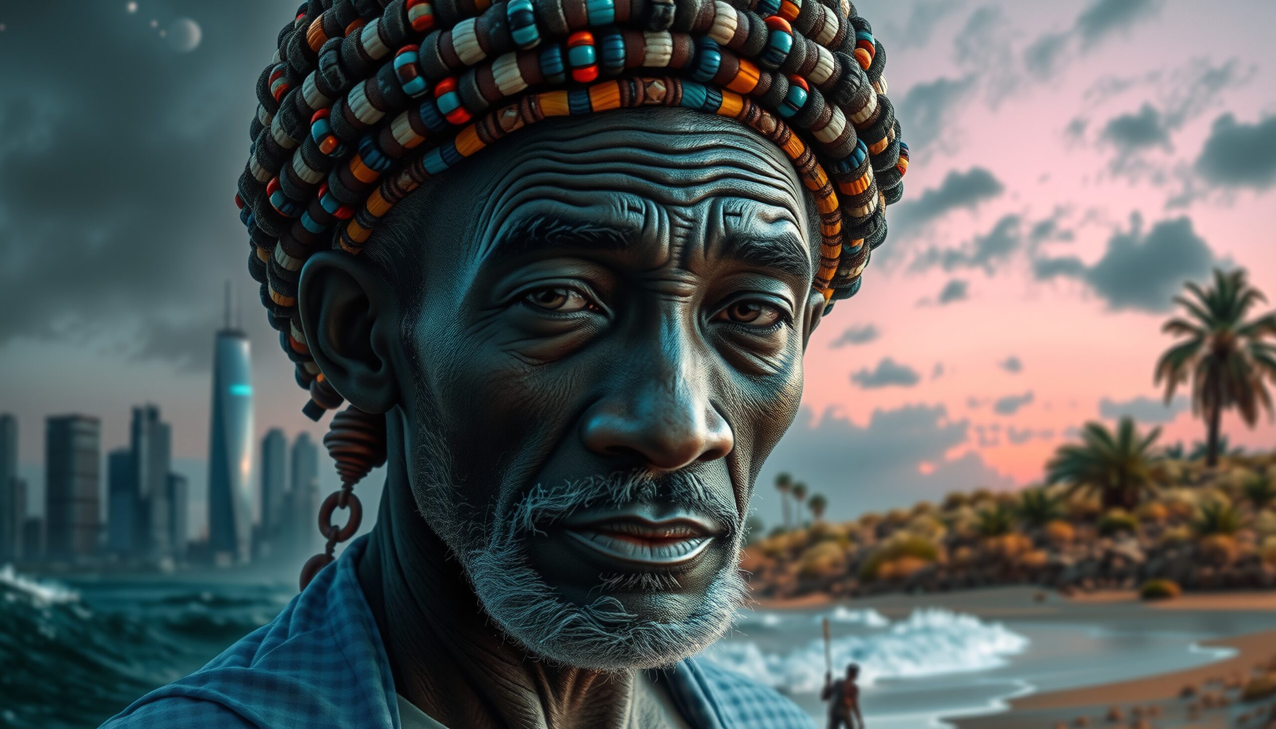 Elderly man with beaded headdress stands before a city skyline at sunset, next to ocean and palm-dotted beach.