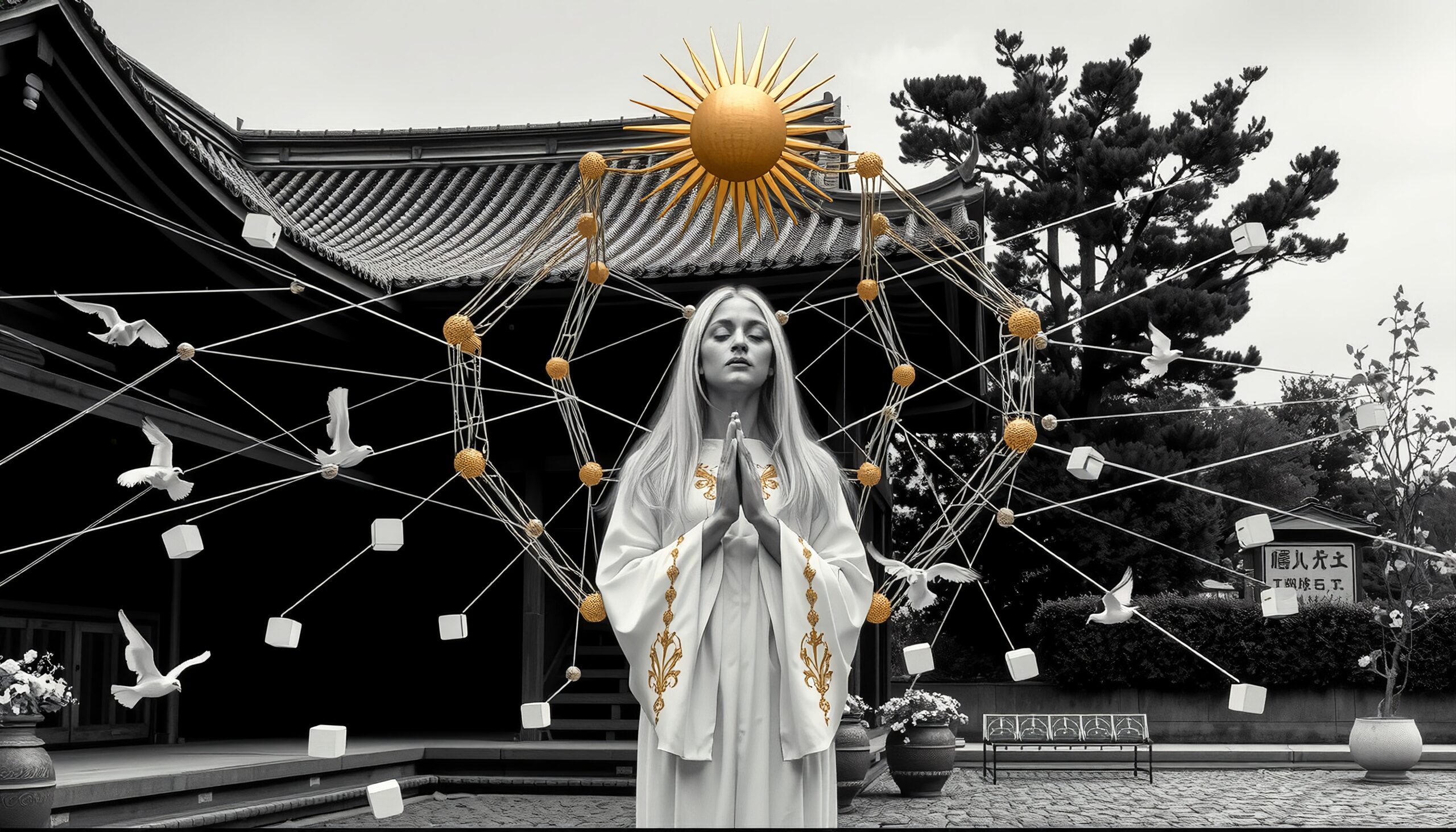 A contemplative woman in a white robe stands in prayer surrounded by geometric patterns and birds outside traditional architecture.